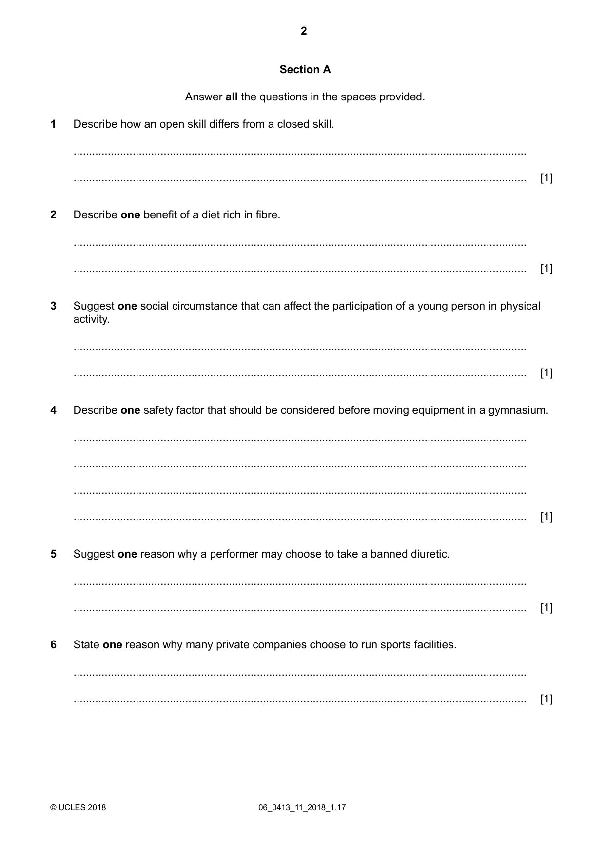 Cambridge IGCSE Physical Education 0413 2018 May/June Paper 1 · Variant 1 question paper, page 2 of 12