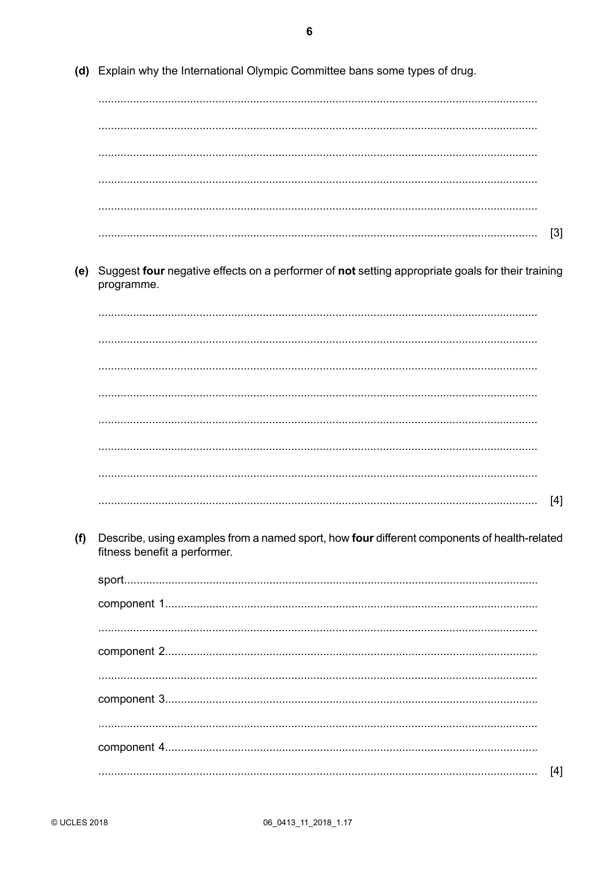 Cambridge IGCSE Physical Education 0413 2018 May/June Paper 1 · Variant 1 question paper, page 6 of 12