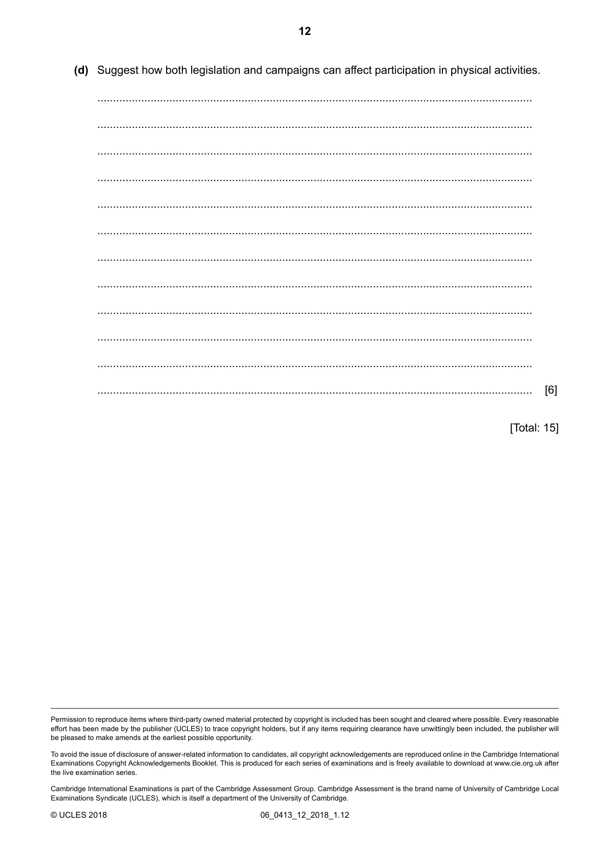 Cambridge IGCSE Physical Education 0413 2018 May/June Paper 1 · Variant 2 question paper, page 12 of 12