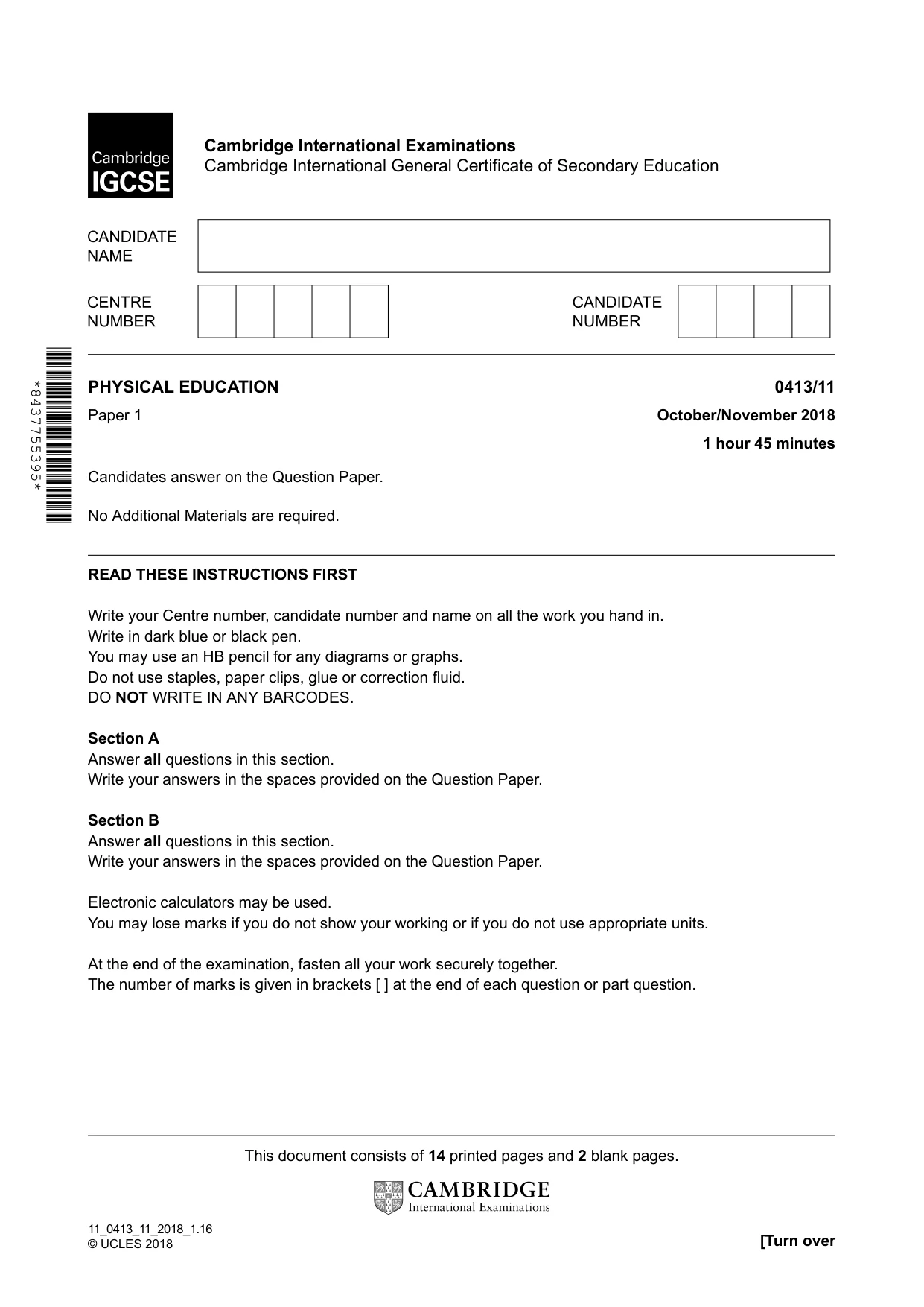 Cambridge IGCSE Physical Education 0413 2018 Oct/Nov Paper 1 · Variant 1 question paper, page 1 of 16