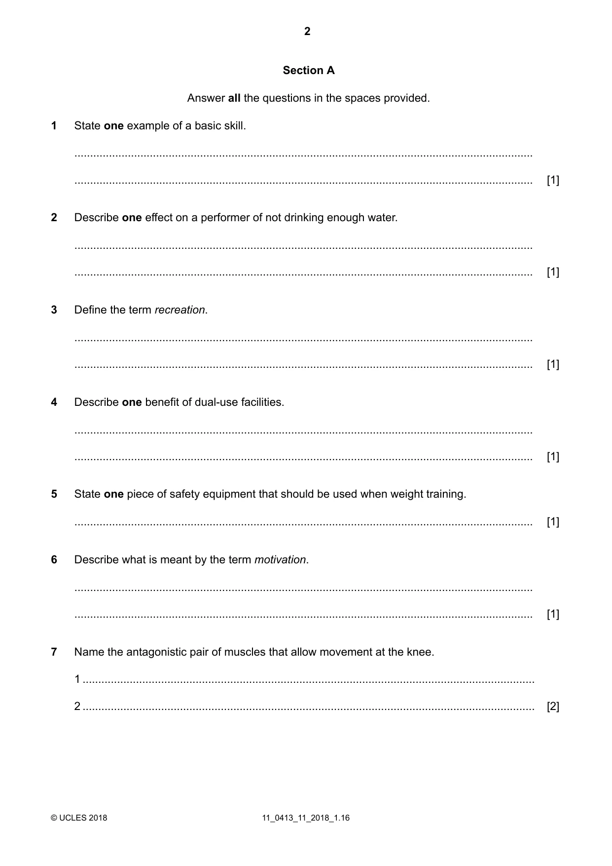 Cambridge IGCSE Physical Education 0413 2018 Oct/Nov Paper 1 · Variant 1 question paper, page 2 of 16