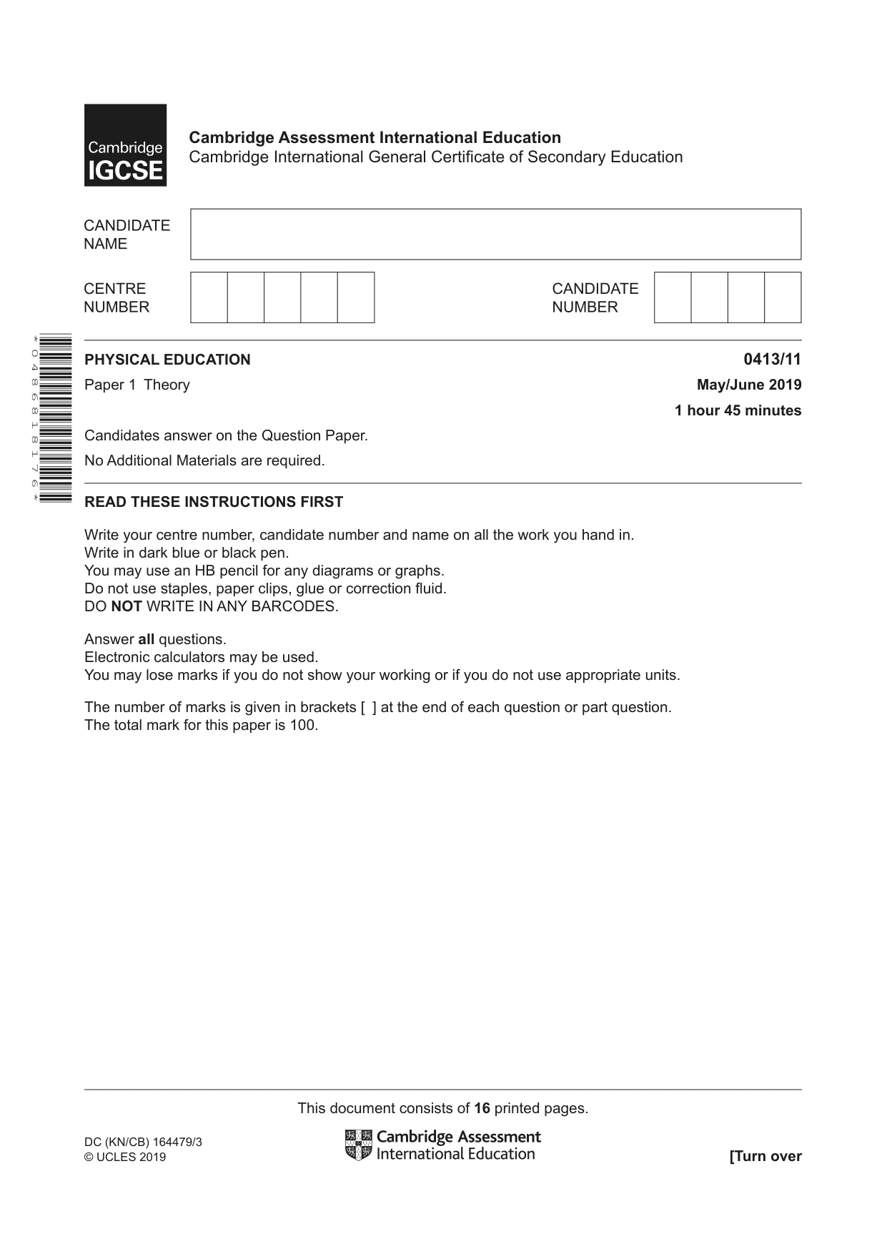 Cambridge IGCSE Physical Education 0413 2019 May/June Paper 1 · Variant 1 question paper, page 1 of 16