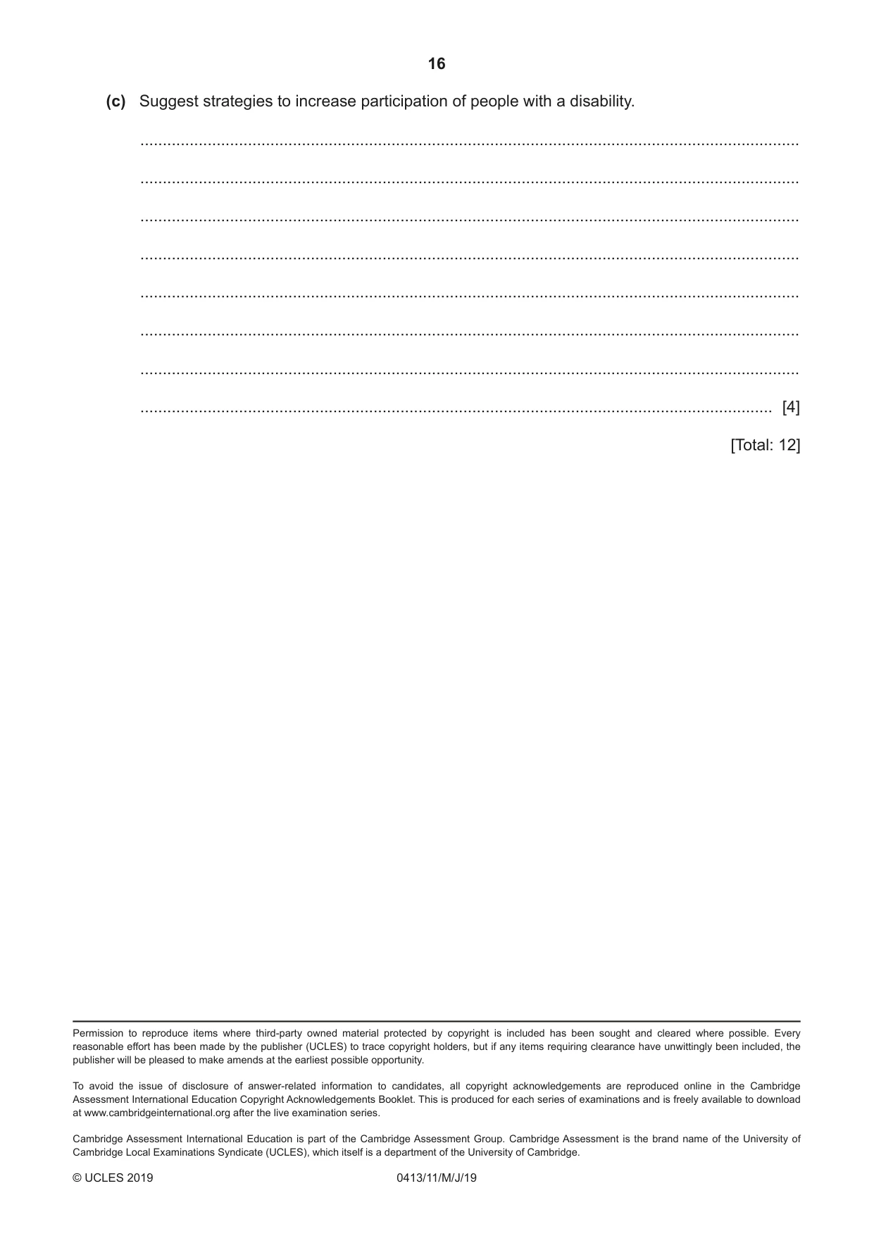 Cambridge IGCSE Physical Education 0413 2019 May/June Paper 1 · Variant 1 question paper, page 16 of 16