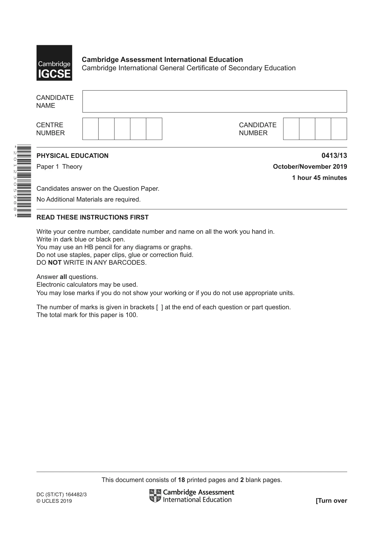 Cambridge IGCSE Physical Education 0413 2019 Oct/Nov Paper 1 · Variant 3 question paper, page 1 of 20