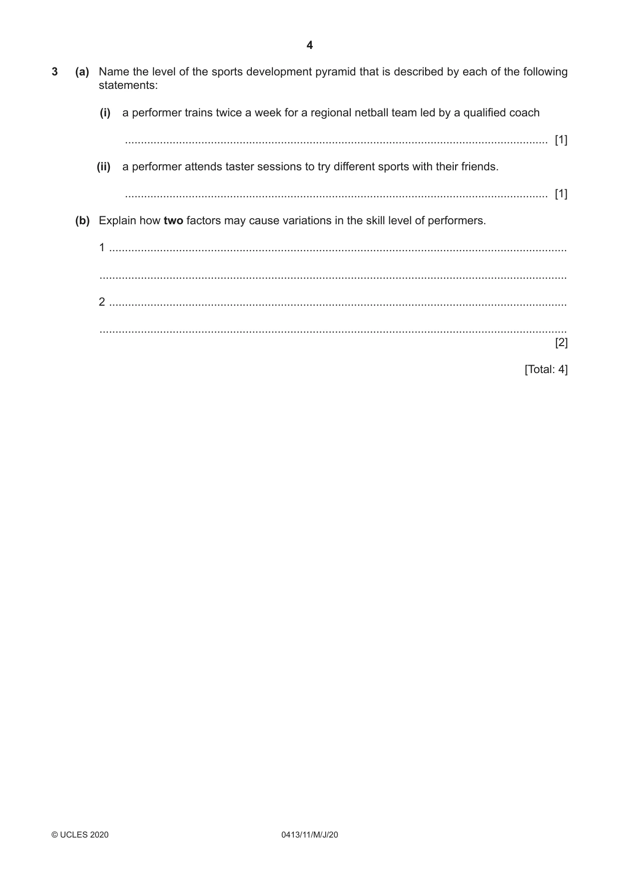 Cambridge IGCSE Physical Education 0413 2020 May/June Paper 1 · Variant 1 question paper, page 4 of 20