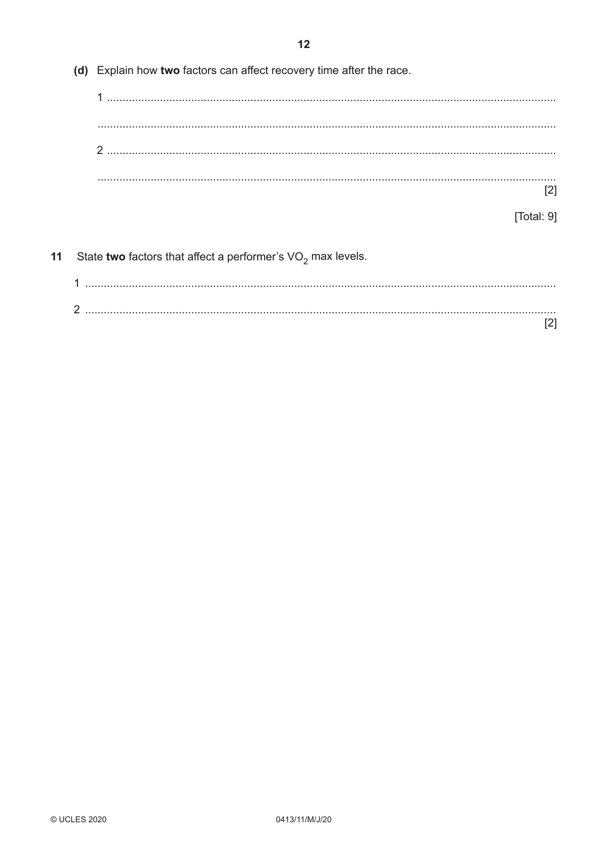Cambridge IGCSE Physical Education 0413 2020 May/June Paper 1 · Variant 1 question paper, page 12 of 20