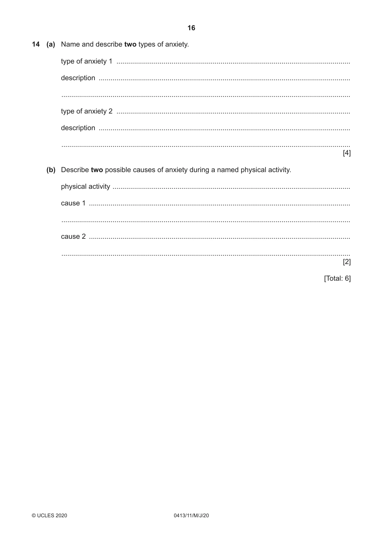 Cambridge IGCSE Physical Education 0413 2020 May/June Paper 1 · Variant 1 question paper, page 16 of 20