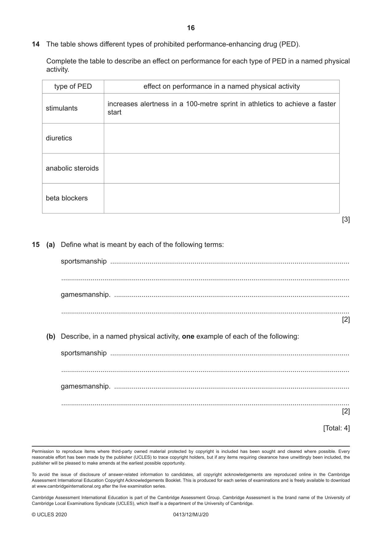 Cambridge IGCSE Physical Education 0413 2020 May/June Paper 1 · Variant 2 question paper, page 16 of 16