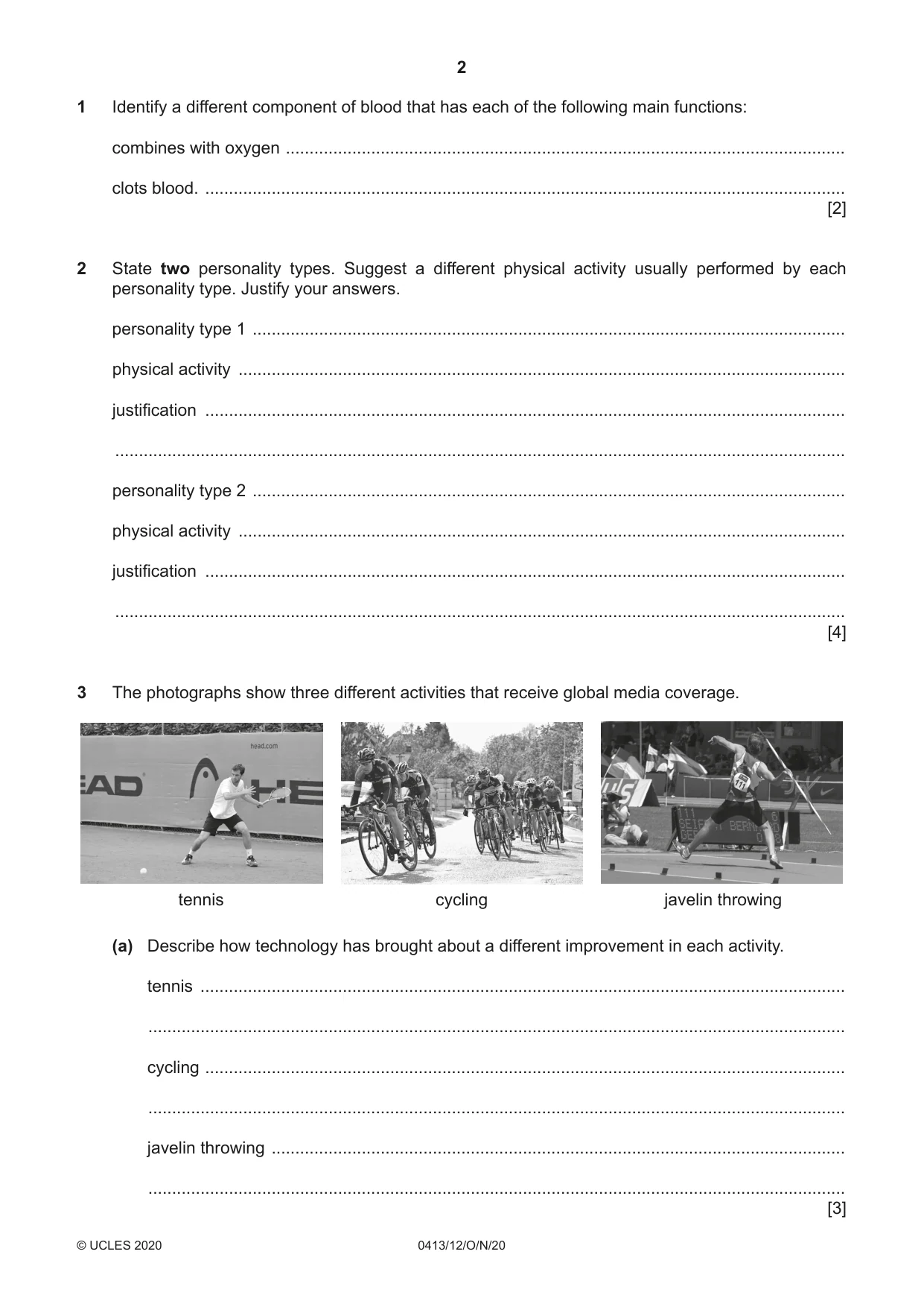 Cambridge IGCSE Physical Education 0413 2020 Oct/Nov Paper 1 · Variant 2 question paper, page 2 of 16