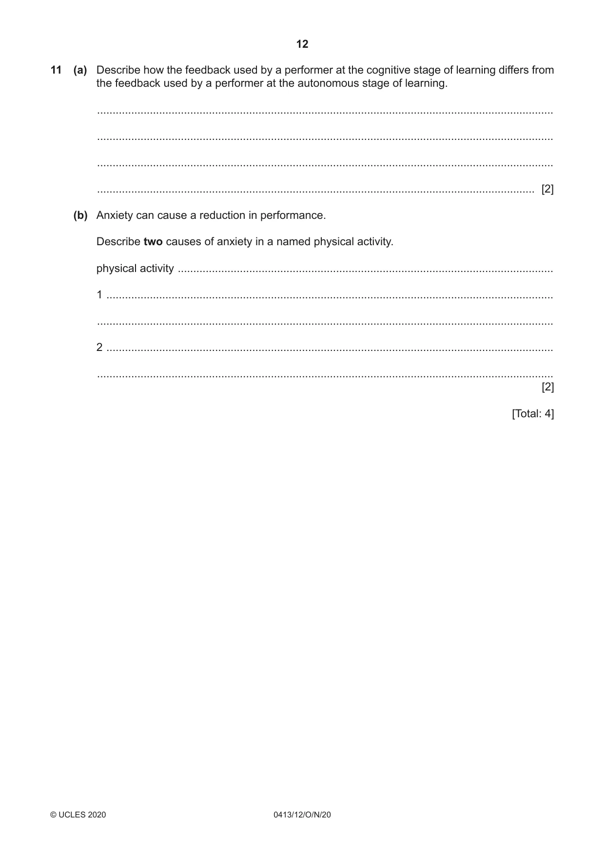 Cambridge IGCSE Physical Education 0413 2020 Oct/Nov Paper 1 · Variant 2 question paper, page 12 of 16