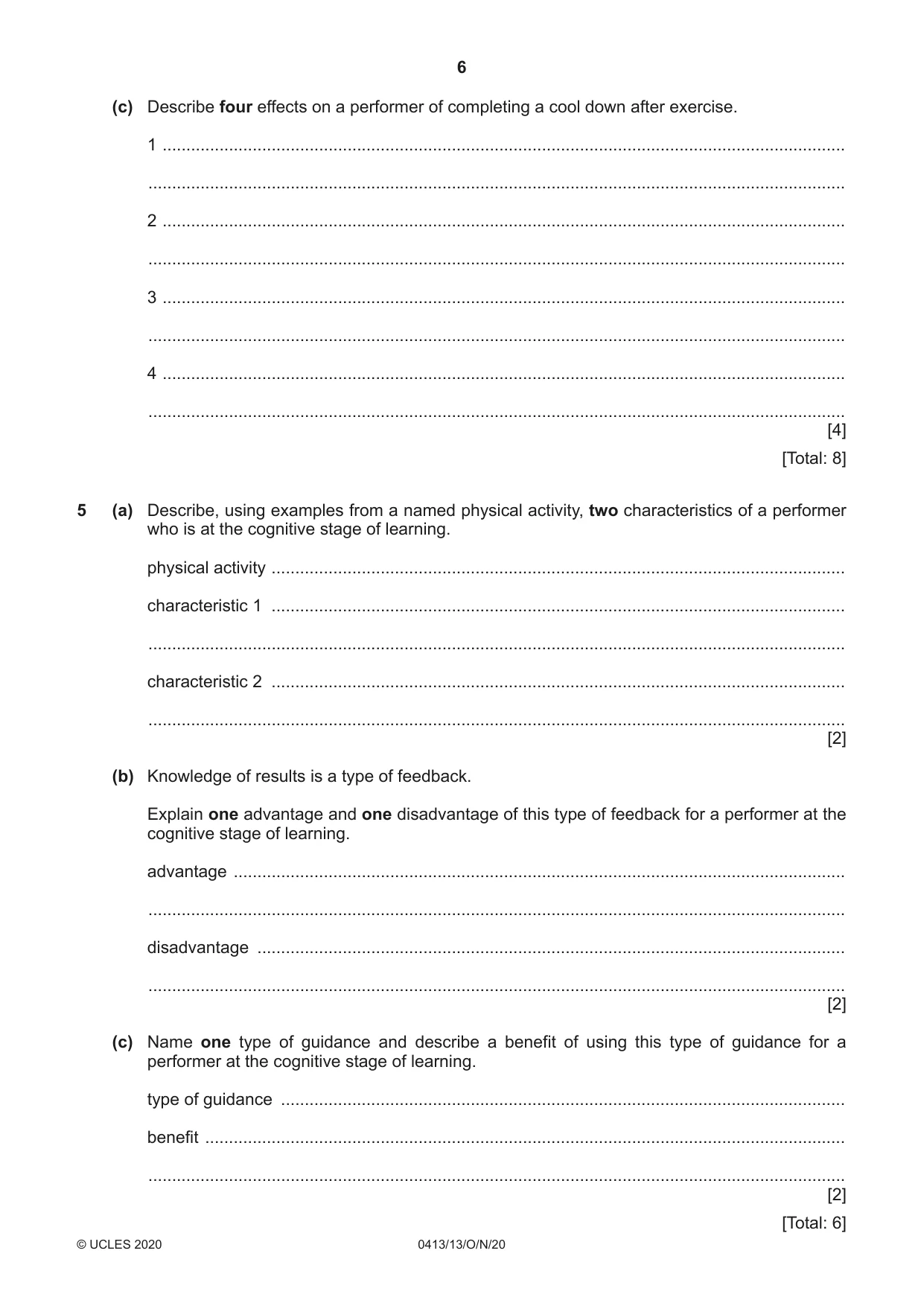 Cambridge IGCSE Physical Education 0413 2020 Oct/Nov Paper 1 · Variant 3 question paper, page 6 of 16