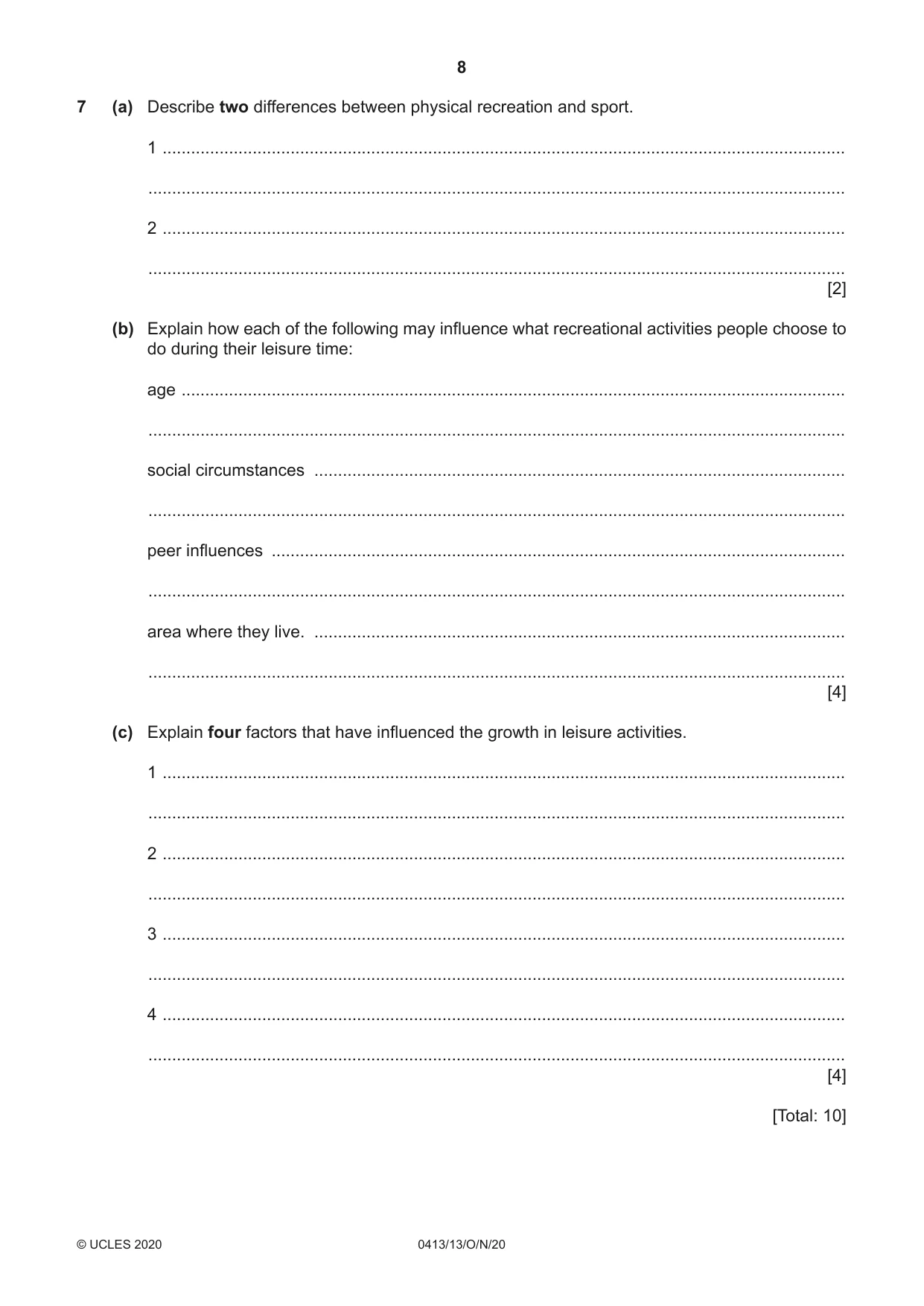 Cambridge IGCSE Physical Education 0413 2020 Oct/Nov Paper 1 · Variant 3 question paper, page 8 of 16