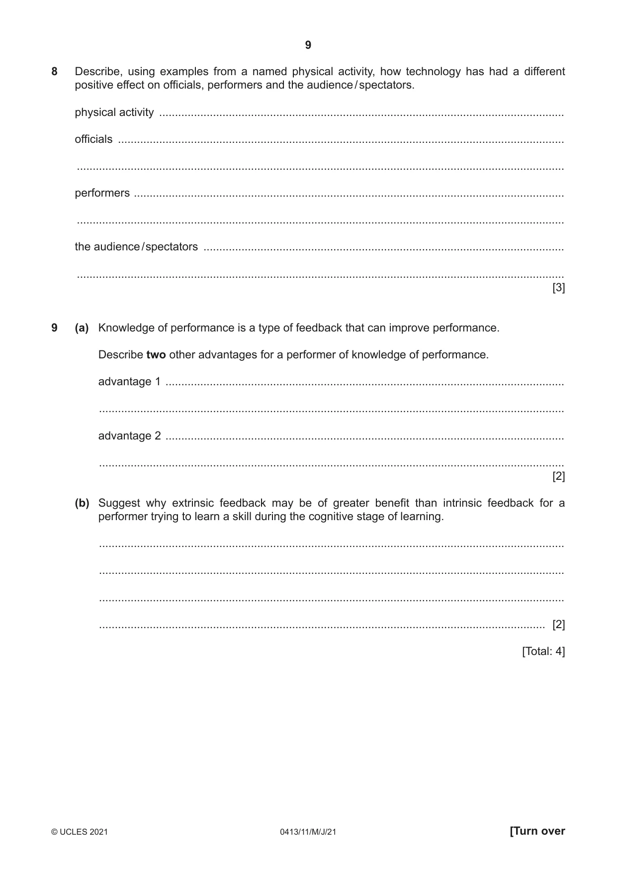 Cambridge IGCSE Physical Education 0413 2021 May/June Paper 1 · Variant 1 question paper, page 9 of 16