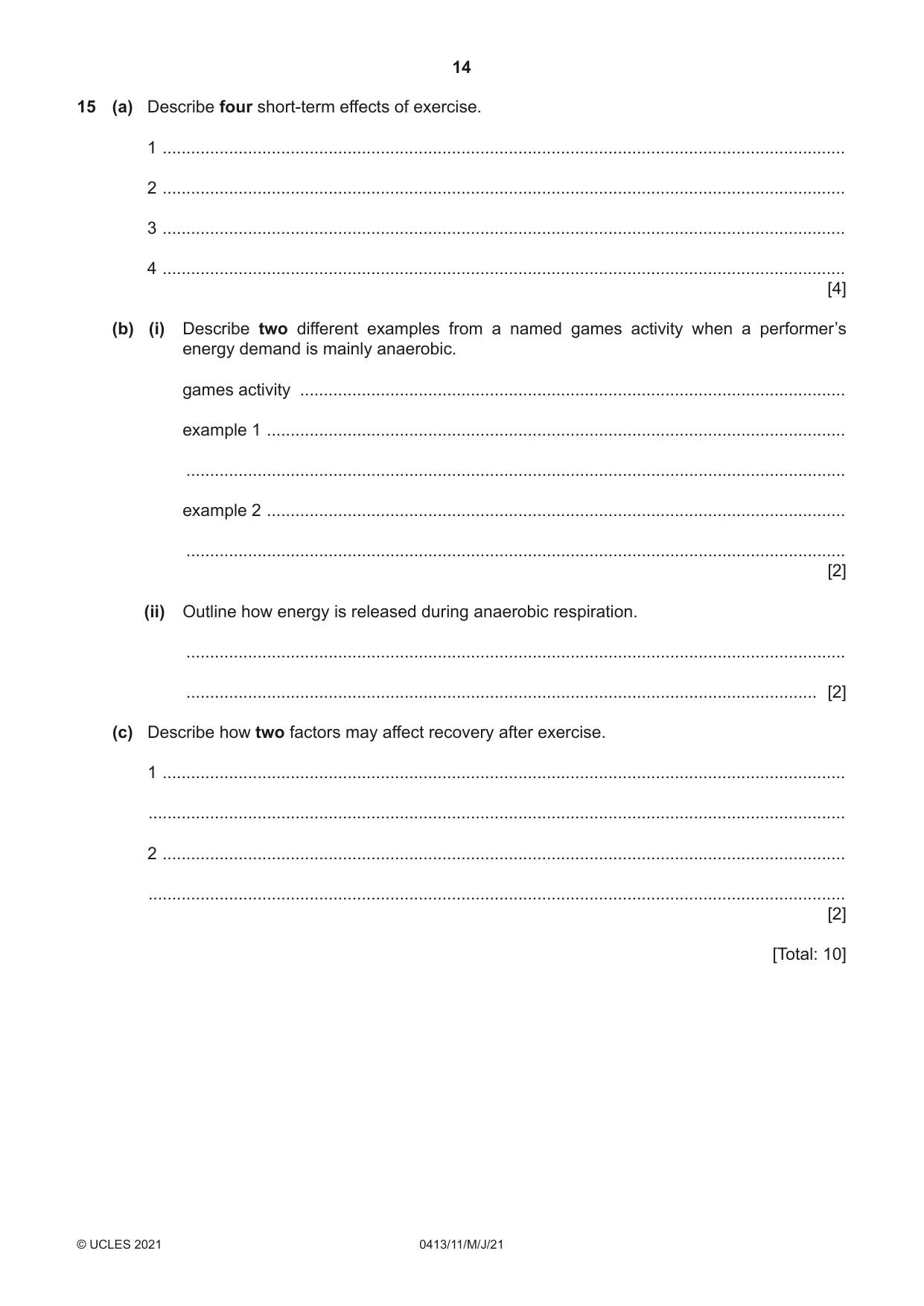 Cambridge IGCSE Physical Education 0413 2021 May/June Paper 1 · Variant 1 question paper, page 14 of 16