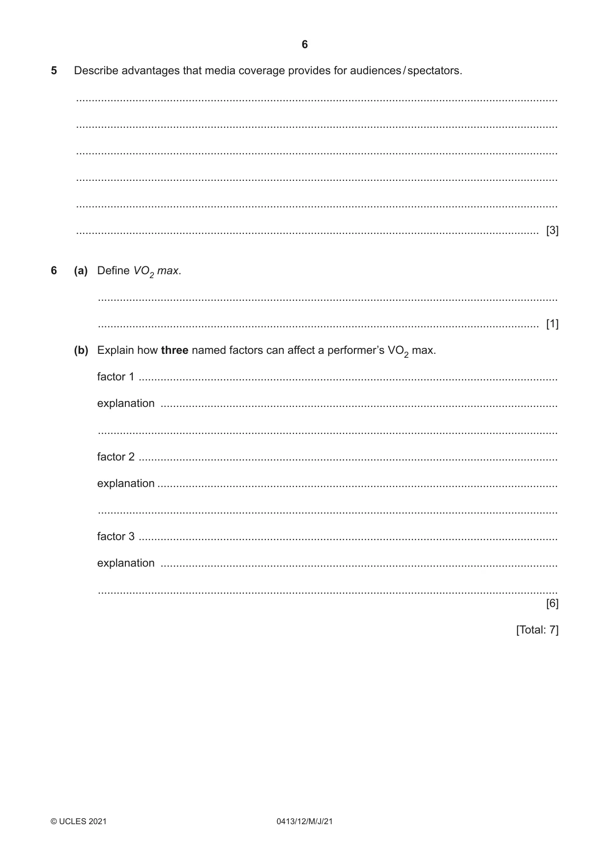 Cambridge IGCSE Physical Education 0413 2021 May/June Paper 1 · Variant 2 question paper, page 6 of 16