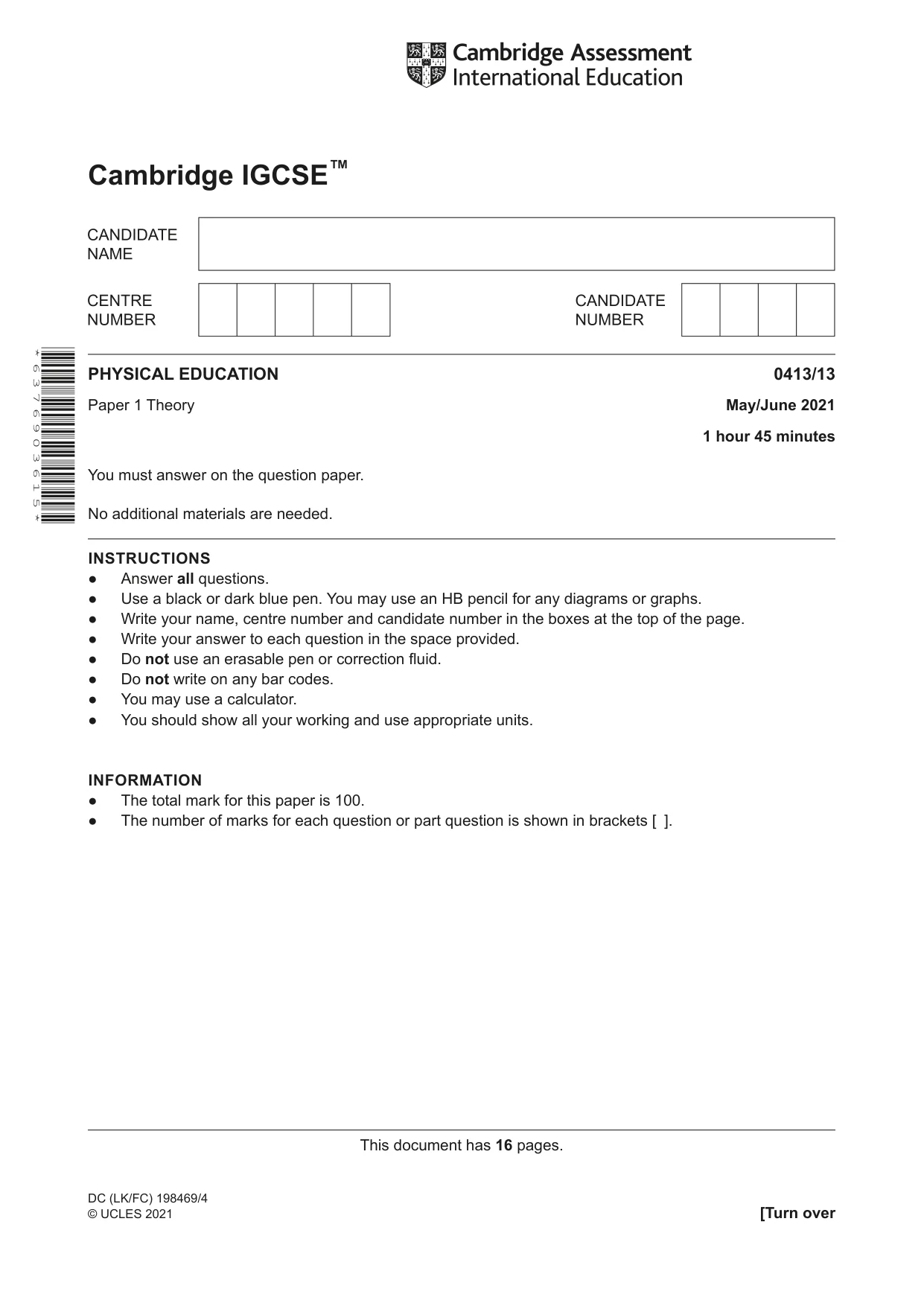Cambridge IGCSE Physical Education 0413 2021 May/June Paper 1 · Variant 3 question paper, page 1 of 16