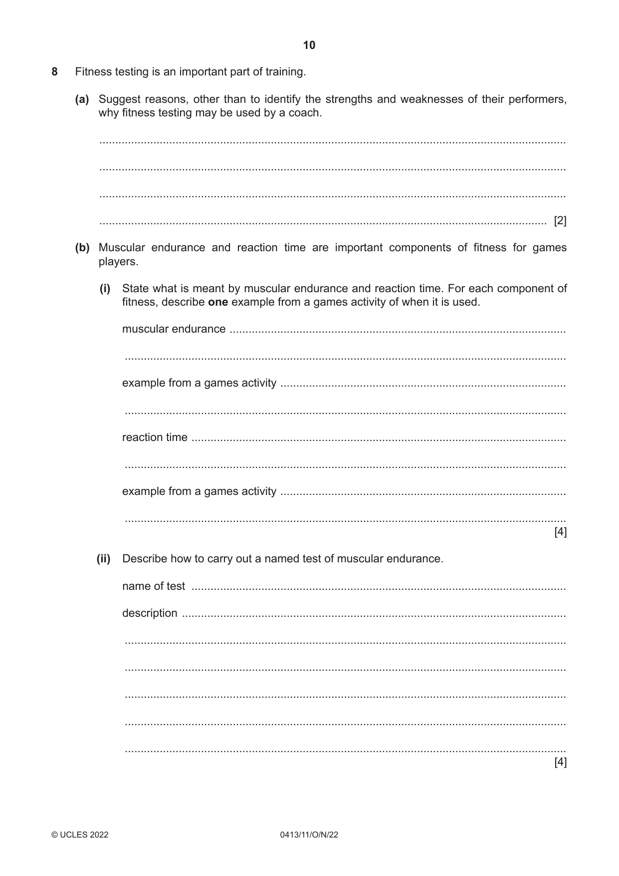 Cambridge IGCSE Physical Education 0413 2022 Oct/Nov Paper 1 · Variant 1 question paper, page 10 of 16