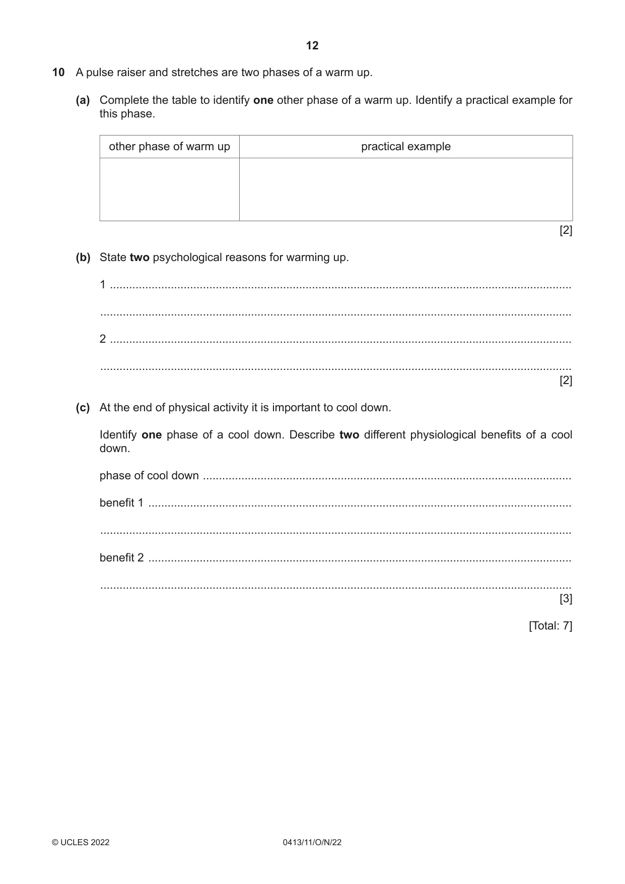 Cambridge IGCSE Physical Education 0413 2022 Oct/Nov Paper 1 · Variant 1 question paper, page 12 of 16