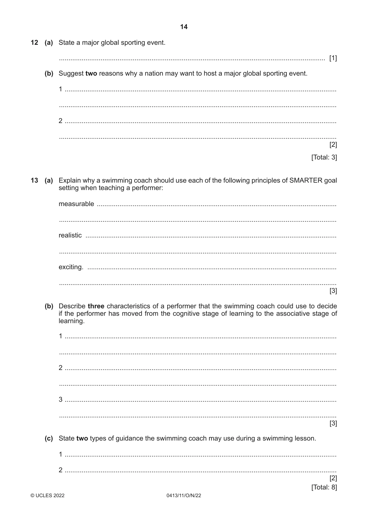 Cambridge IGCSE Physical Education 0413 2022 Oct/Nov Paper 1 · Variant 1 question paper, page 14 of 16