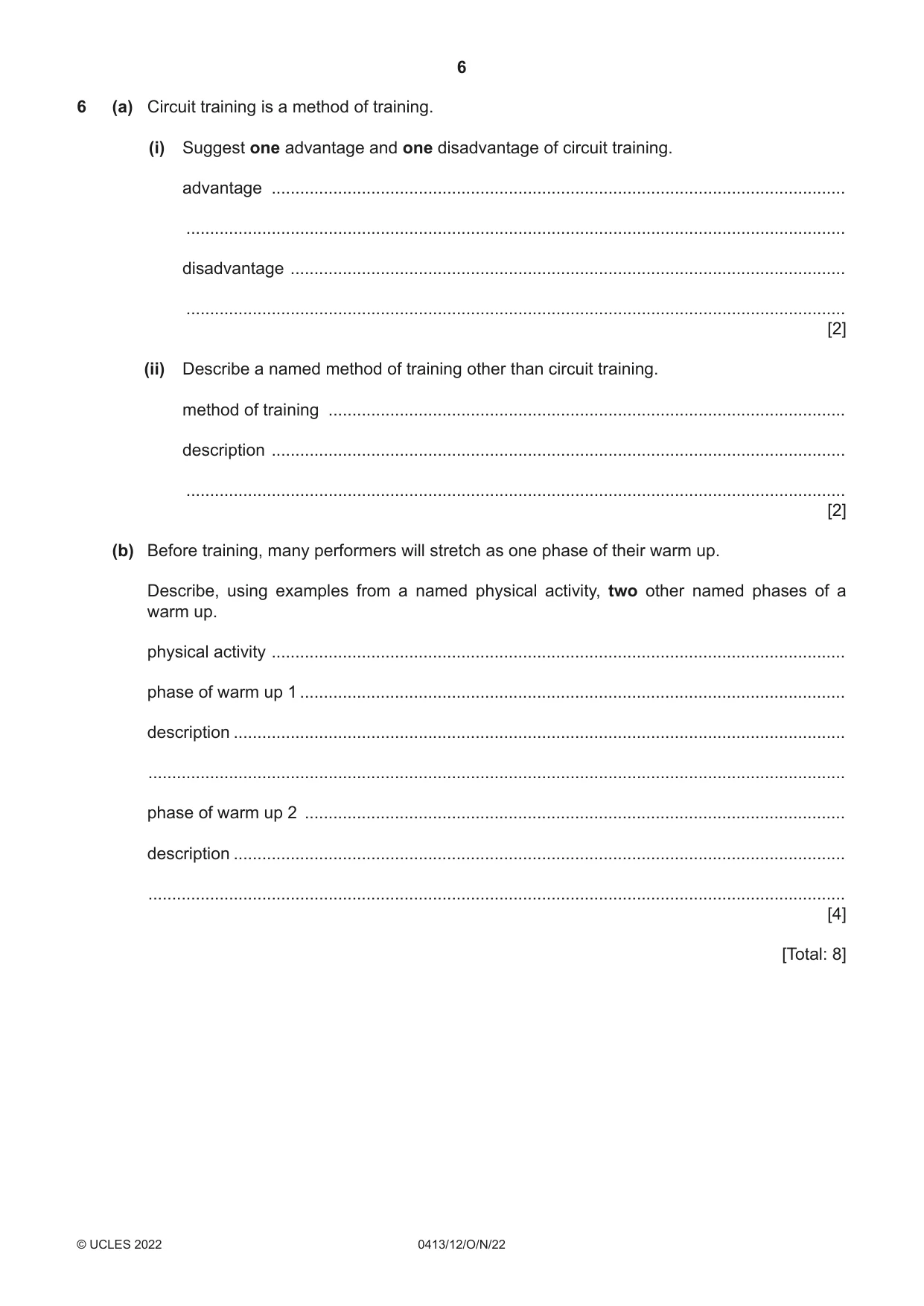 Cambridge IGCSE Physical Education 0413 2022 Oct/Nov Paper 1 · Variant 2 question paper, page 6 of 16