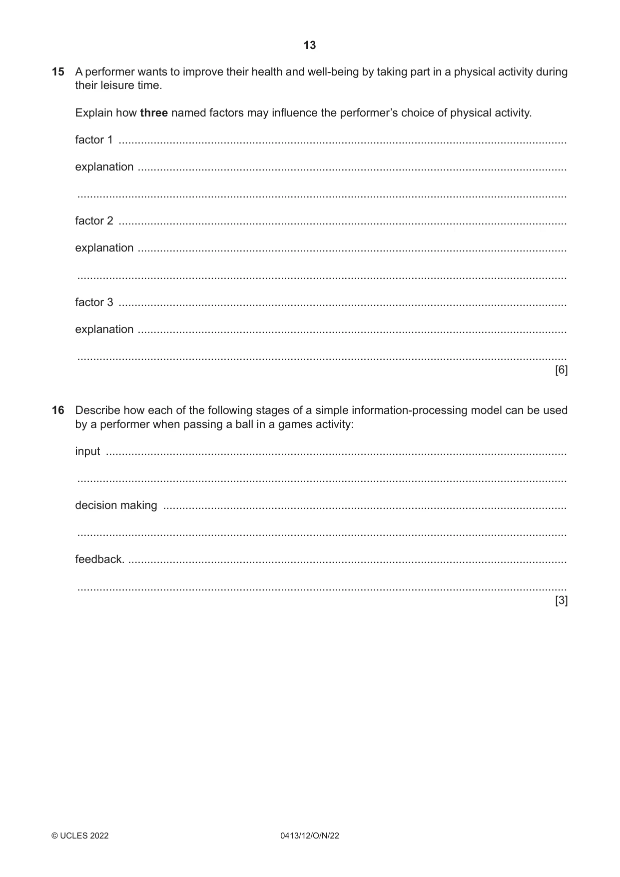 Cambridge IGCSE Physical Education 0413 2022 Oct/Nov Paper 1 · Variant 2 question paper, page 13 of 16