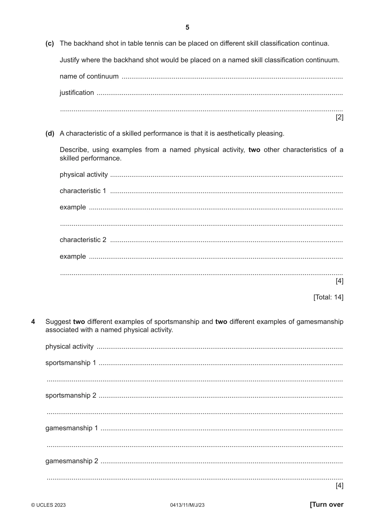 Cambridge IGCSE Physical Education 0413 2023 May/June Paper 1 · Variant 1 question paper, page 5 of 16