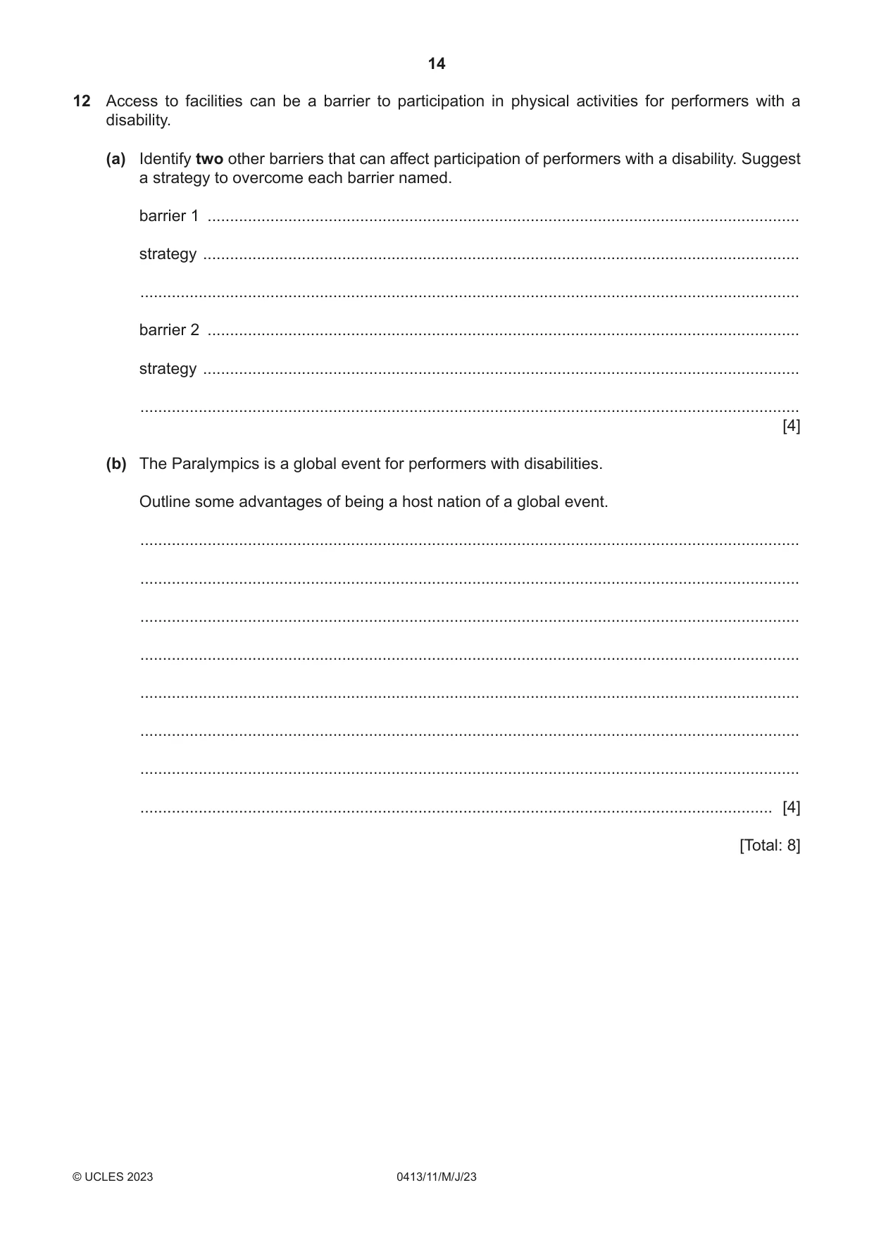 Cambridge IGCSE Physical Education 0413 2023 May/June Paper 1 · Variant 1 question paper, page 14 of 16