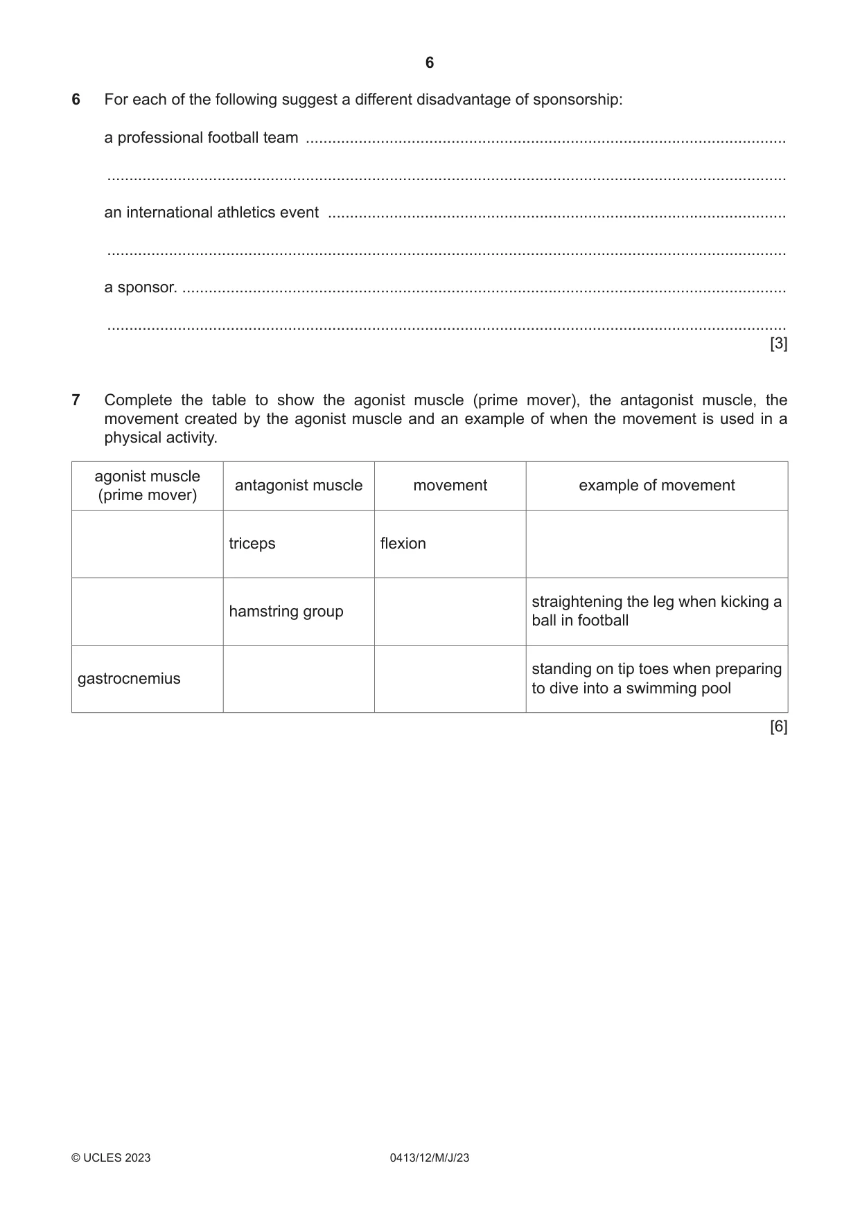 Cambridge IGCSE Physical Education 0413 2023 May/June Paper 1 · Variant 2 question paper, page 6 of 20