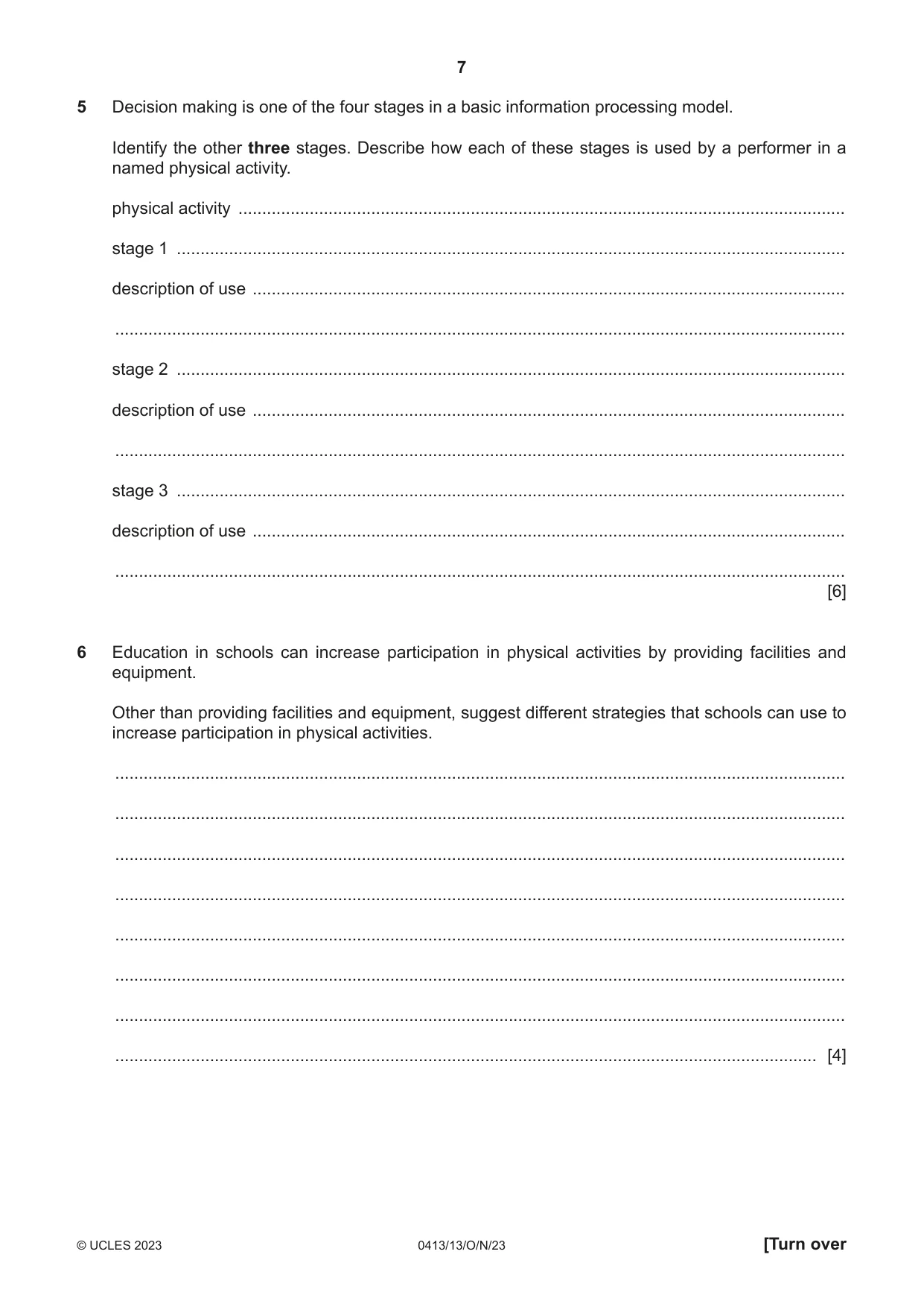 Cambridge IGCSE Physical Education 0413 2023 Oct/Nov Paper 1 · Variant 3 question paper, page 7 of 16