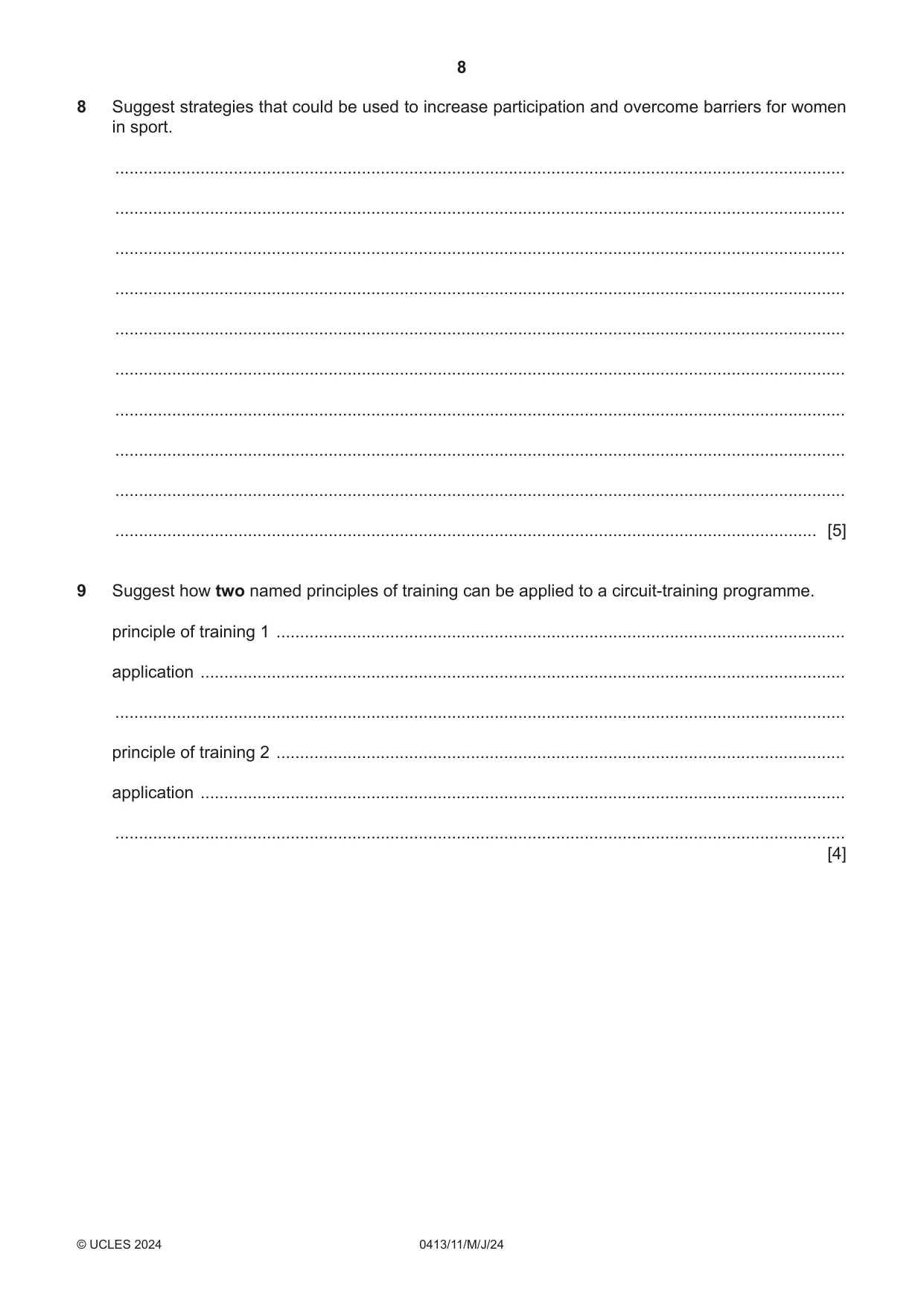 Cambridge IGCSE Physical Education 0413 2024 May/June Paper 1 · Variant 1 question paper, page 8 of 16