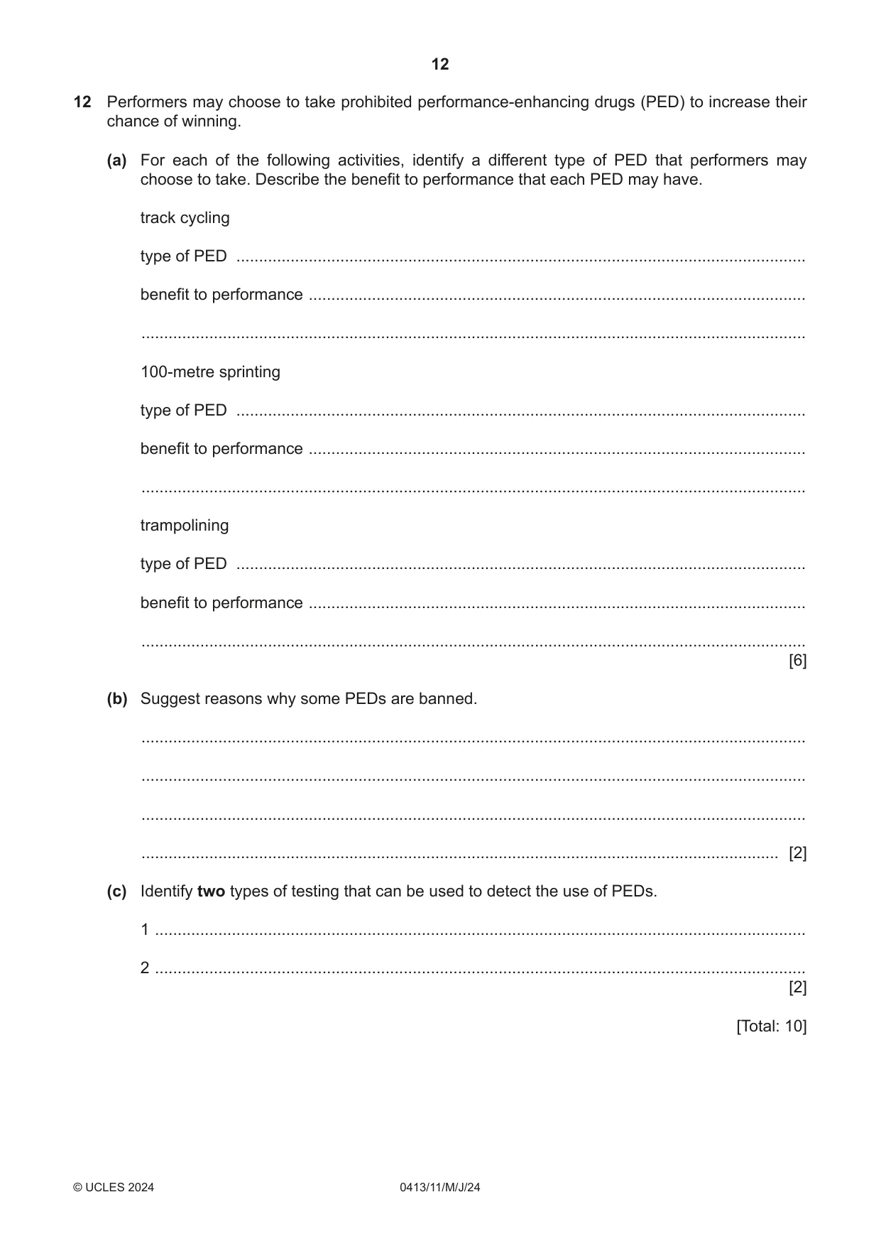 Cambridge IGCSE Physical Education 0413 2024 May/June Paper 1 · Variant 1 question paper, page 12 of 16