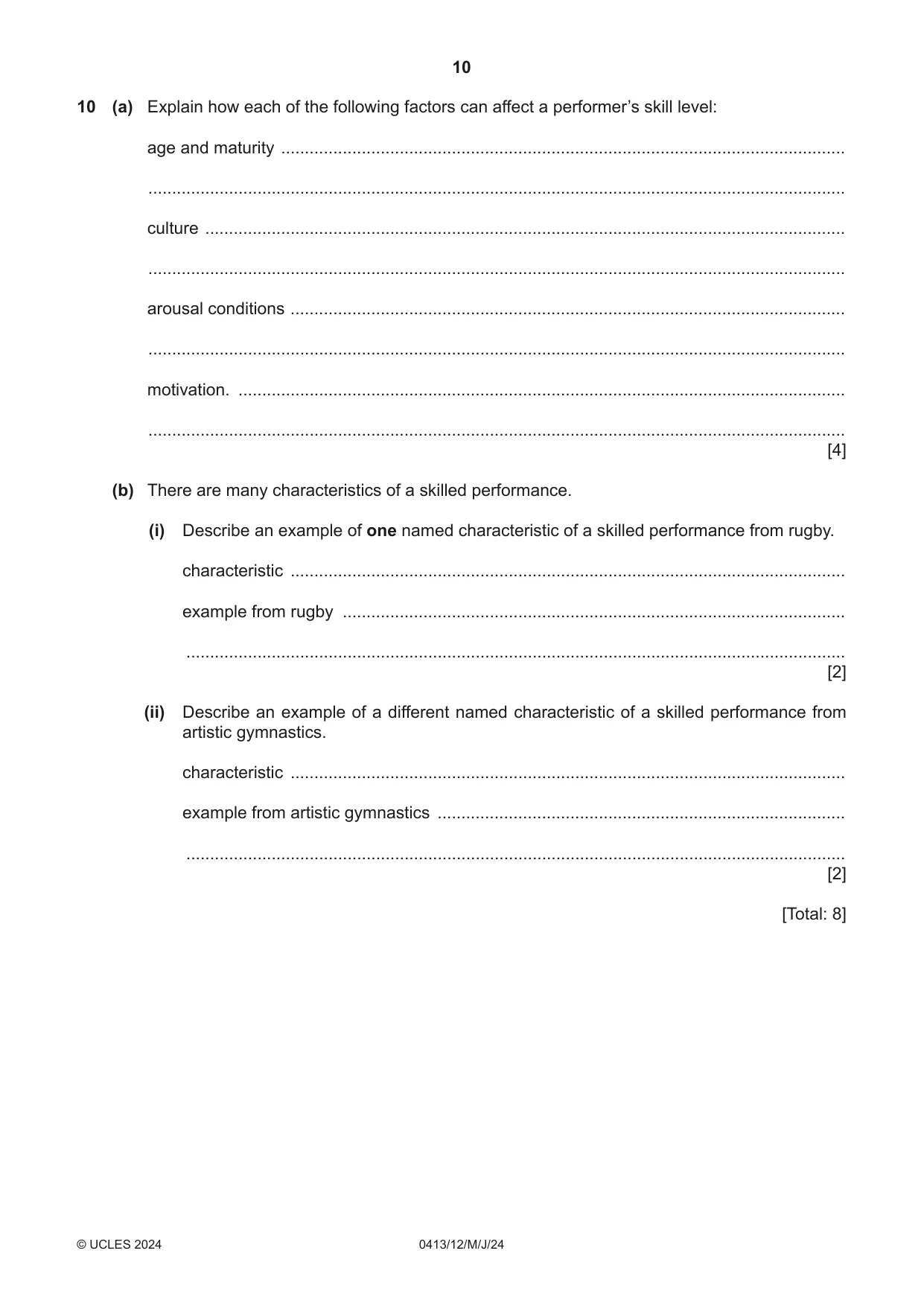 Cambridge IGCSE Physical Education 0413 2024 May/June Paper 1 · Variant 2 question paper, page 10 of 16