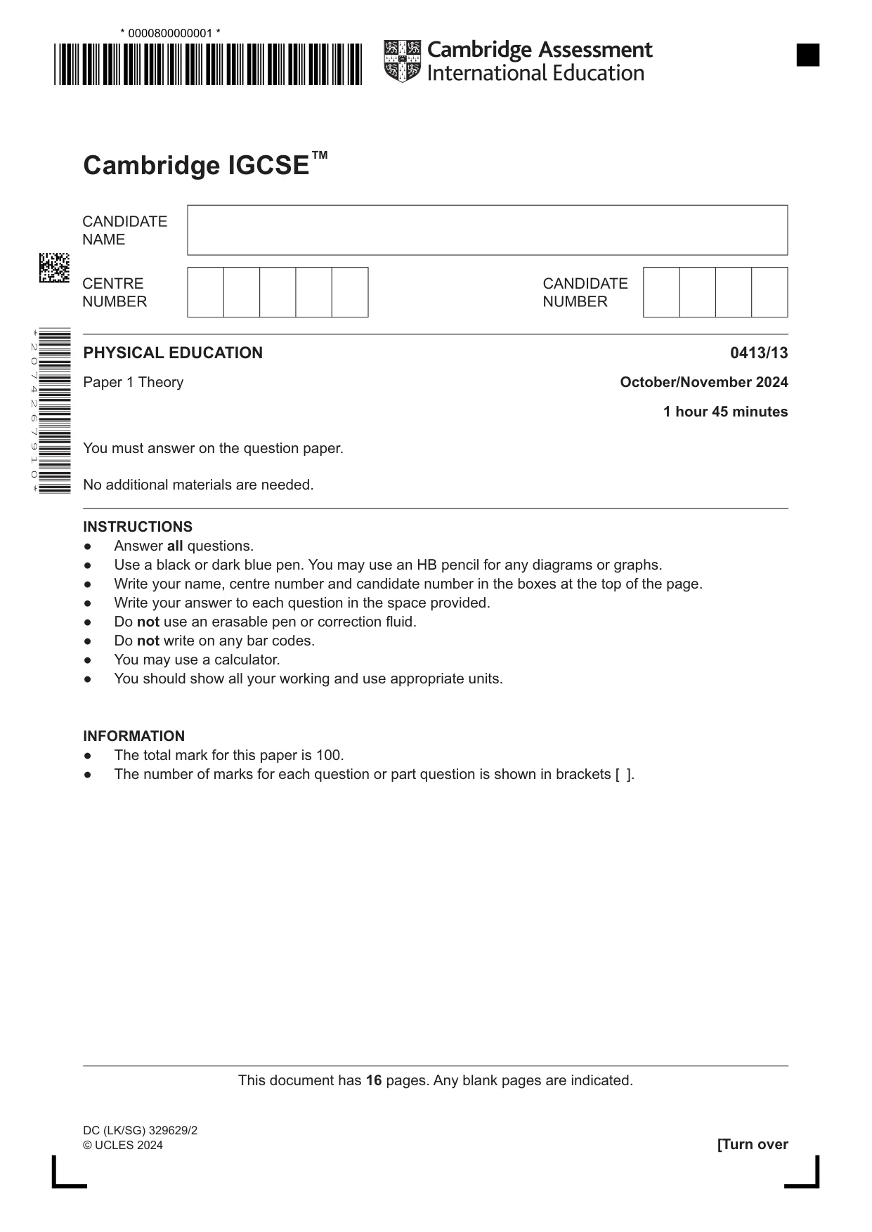 Cambridge IGCSE Physical Education 0413 2024 Oct/Nov Paper 1 · Variant 3 question paper, page 1 of 16