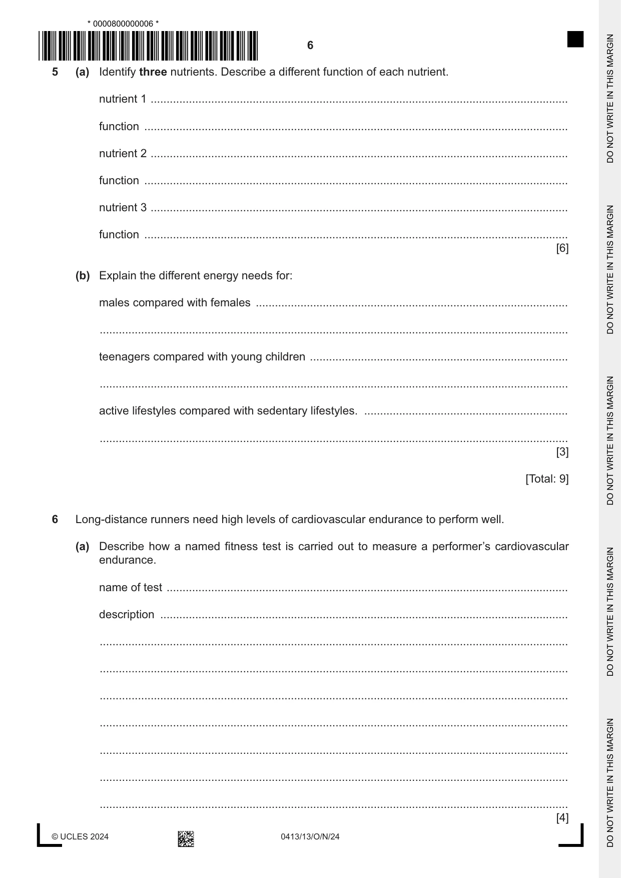 Cambridge IGCSE Physical Education 0413 2024 Oct/Nov Paper 1 · Variant 3 question paper, page 6 of 16
