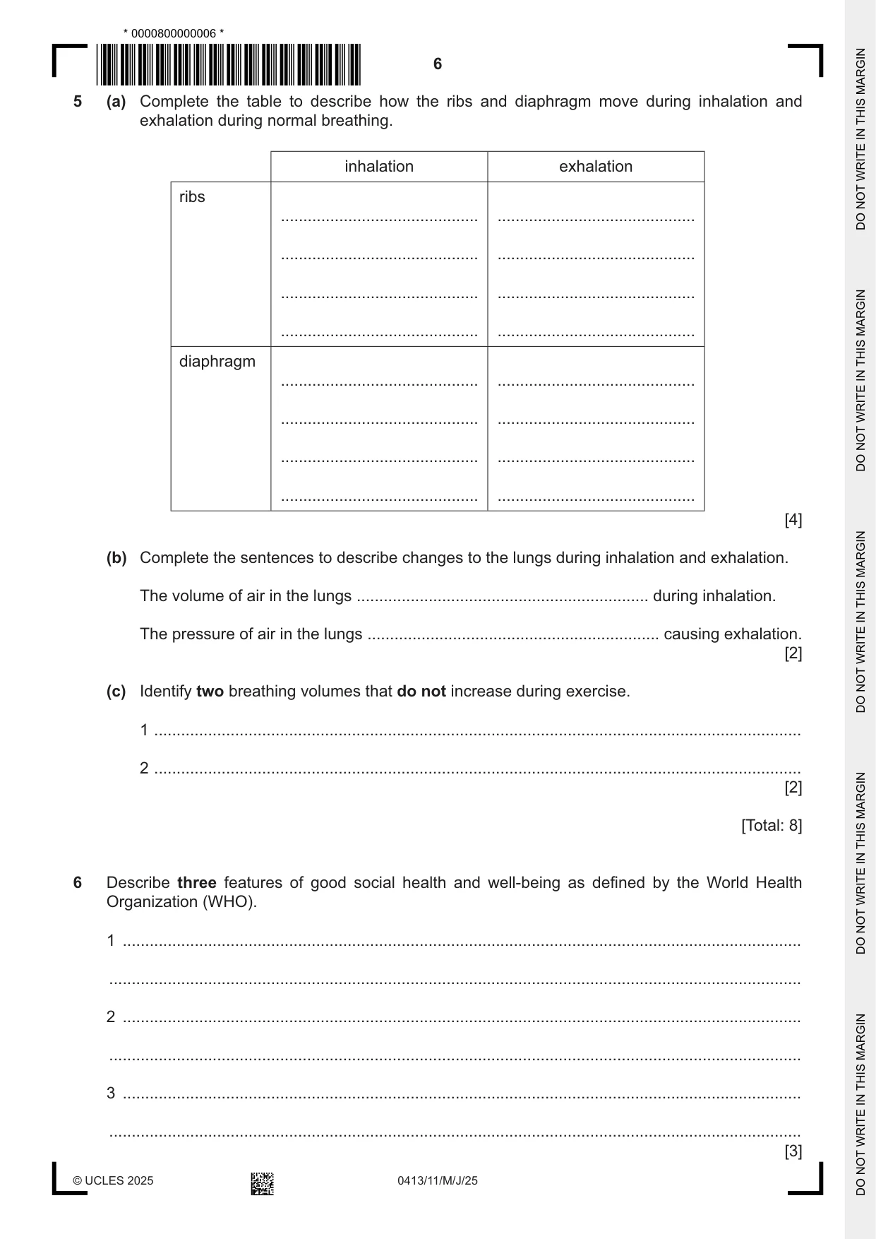 Cambridge IGCSE Physical Education 0413 2025 May/June Paper 1 · Variant 1 question paper, page 6 of 16