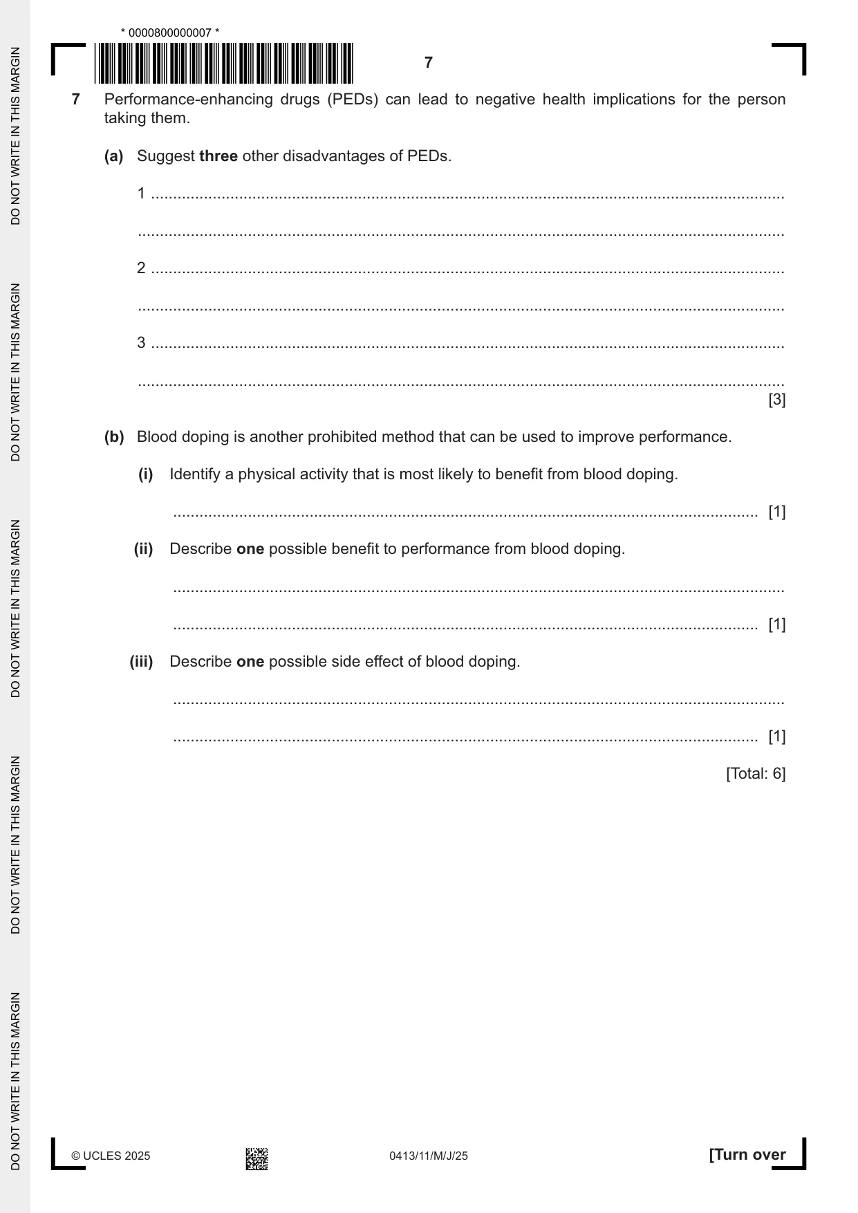 Cambridge IGCSE Physical Education 0413 2025 May/June Paper 1 · Variant 1 question paper, page 7 of 16