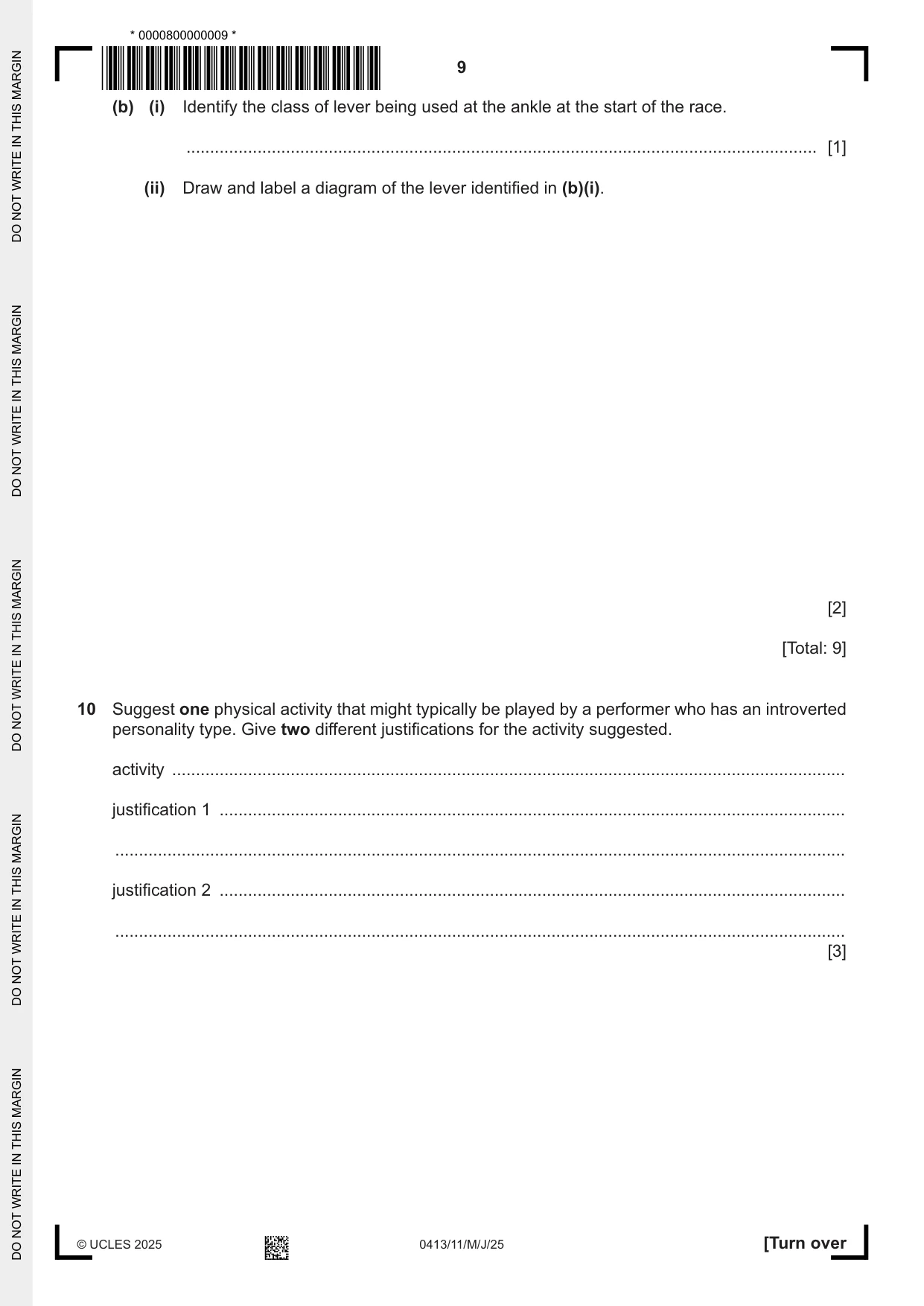 Cambridge IGCSE Physical Education 0413 2025 May/June Paper 1 · Variant 1 question paper, page 9 of 16