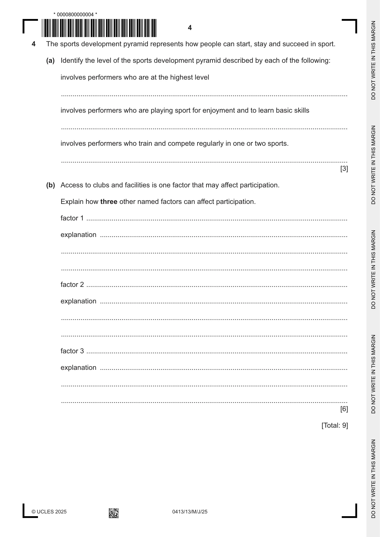 Cambridge IGCSE Physical Education 0413 2025 May/June Paper 1 · Variant 3 question paper, page 4 of 16