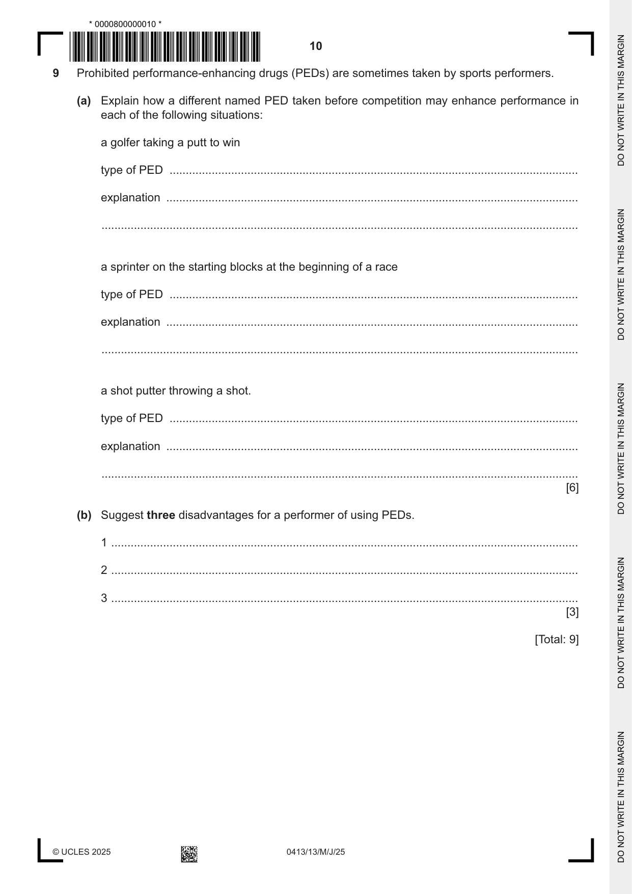 Cambridge IGCSE Physical Education 0413 2025 May/June Paper 1 · Variant 3 question paper, page 10 of 16