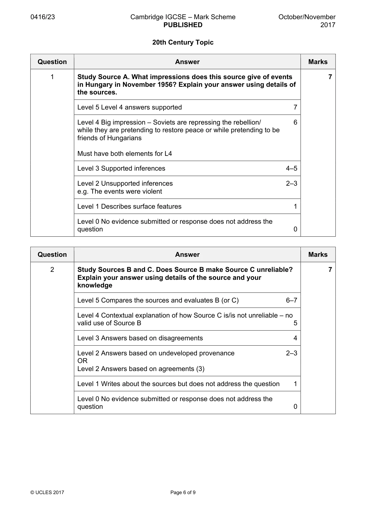Mark scheme, page 6 of 9