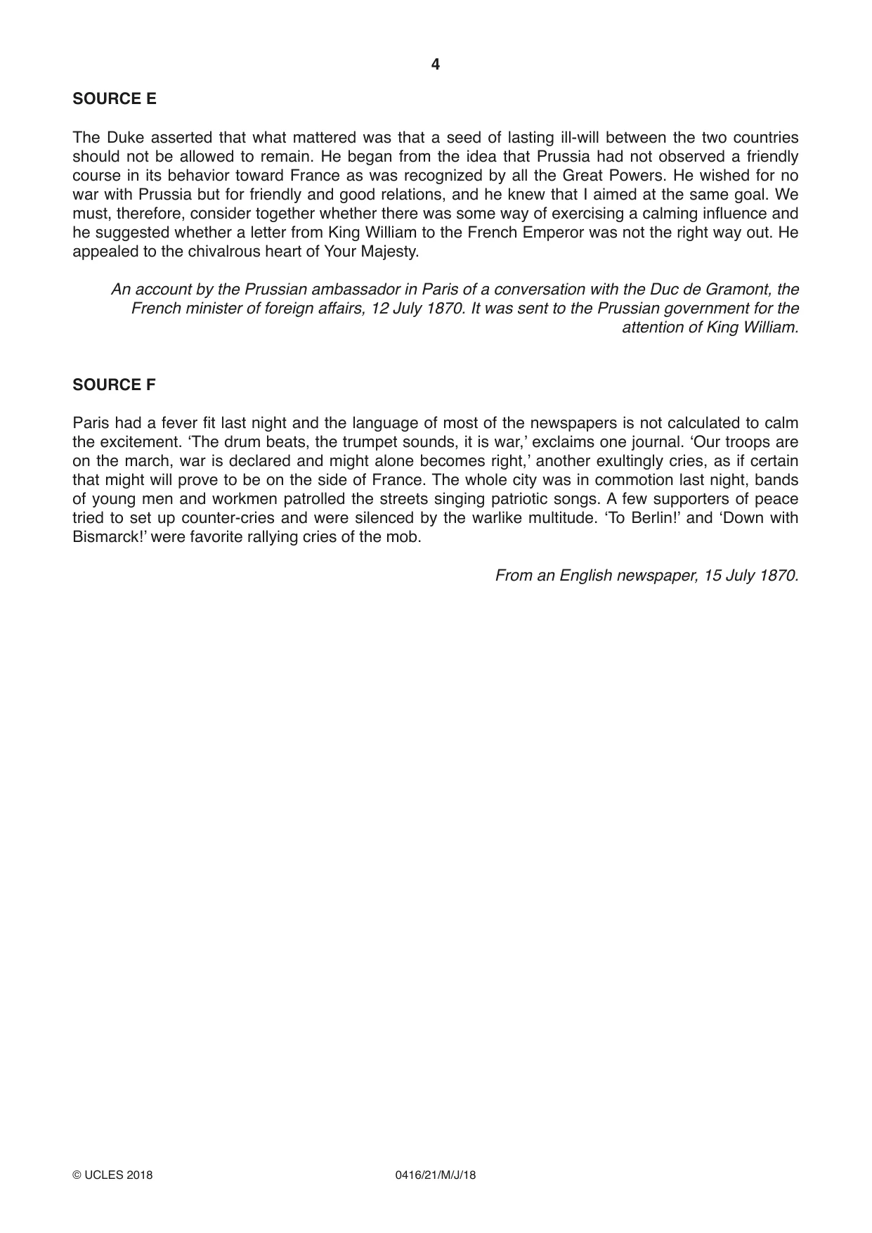 Cambridge IGCSE History BES 0416 2018 May/June Paper 2 · Variant 1 question paper, page 4 of 12