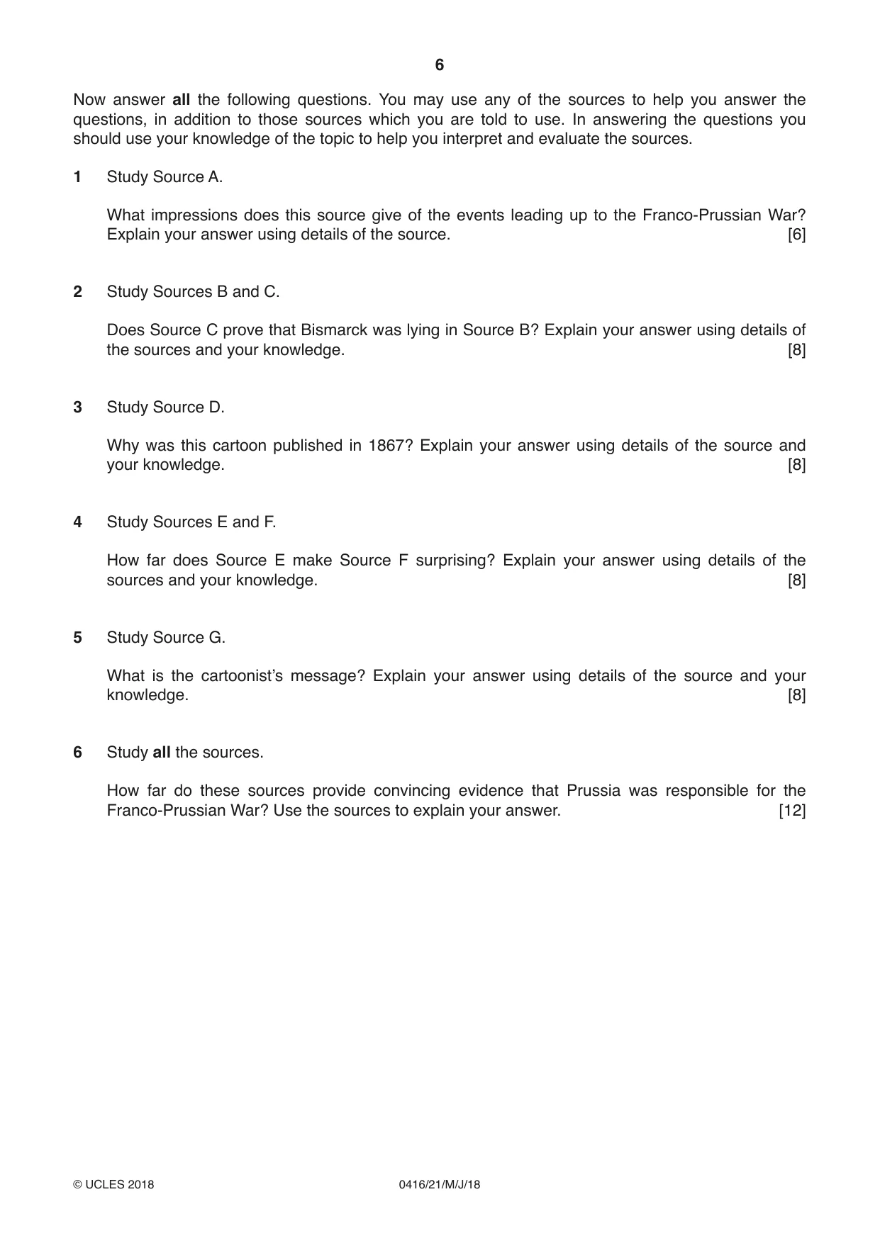 Cambridge IGCSE History BES 0416 2018 May/June Paper 2 · Variant 1 question paper, page 6 of 12