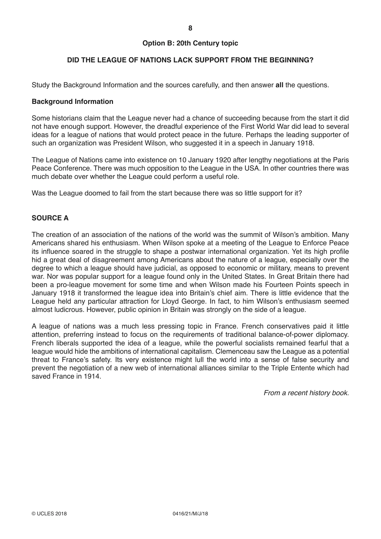 Cambridge IGCSE History BES 0416 2018 May/June Paper 2 · Variant 1 question paper, page 8 of 12