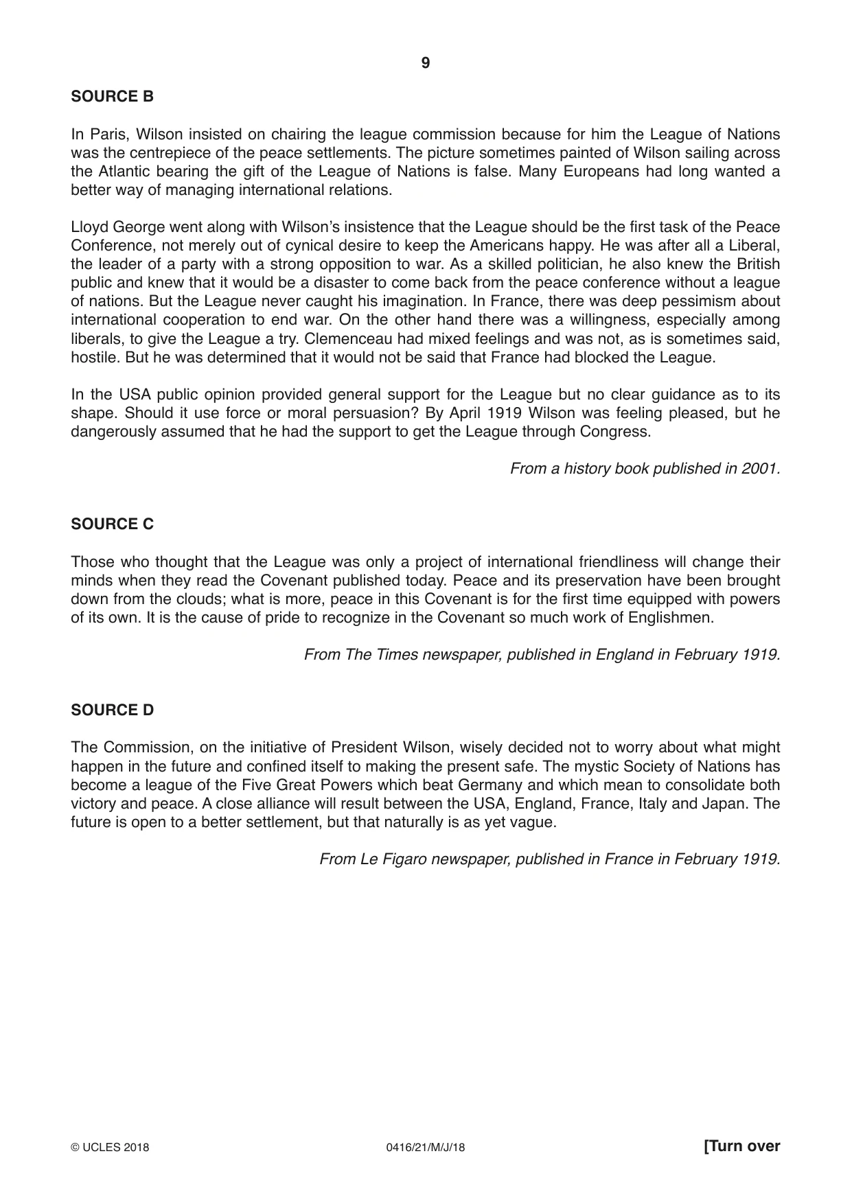 Cambridge IGCSE History BES 0416 2018 May/June Paper 2 · Variant 1 question paper, page 9 of 12