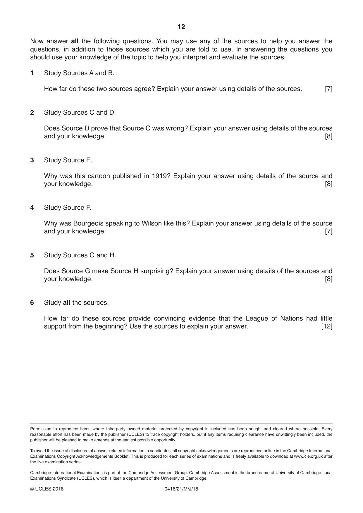 Cambridge IGCSE History BES 0416 2018 May/June Paper 2 · Variant 1 question paper, page 12 of 12