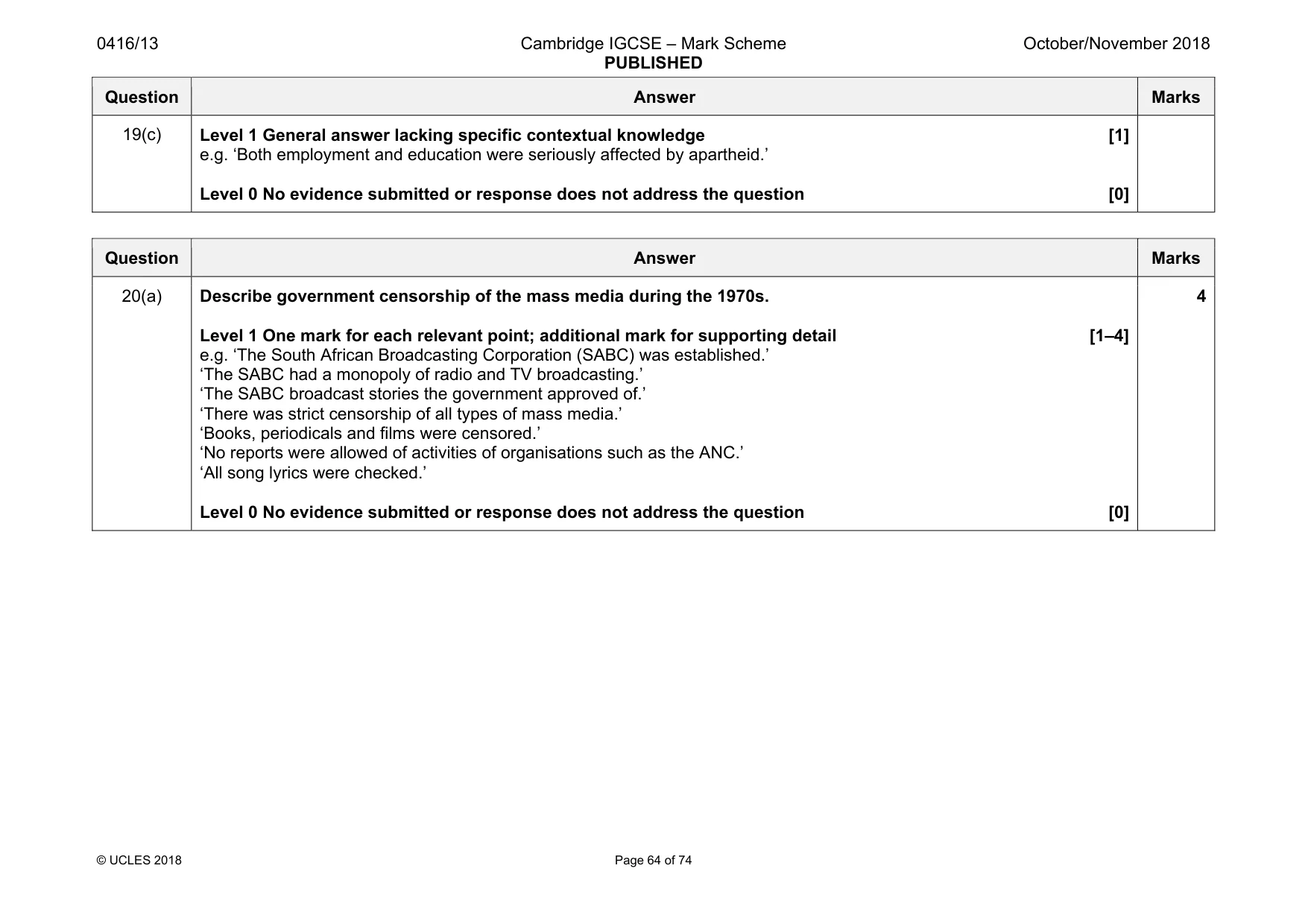 Mark scheme, page 64 of 74
