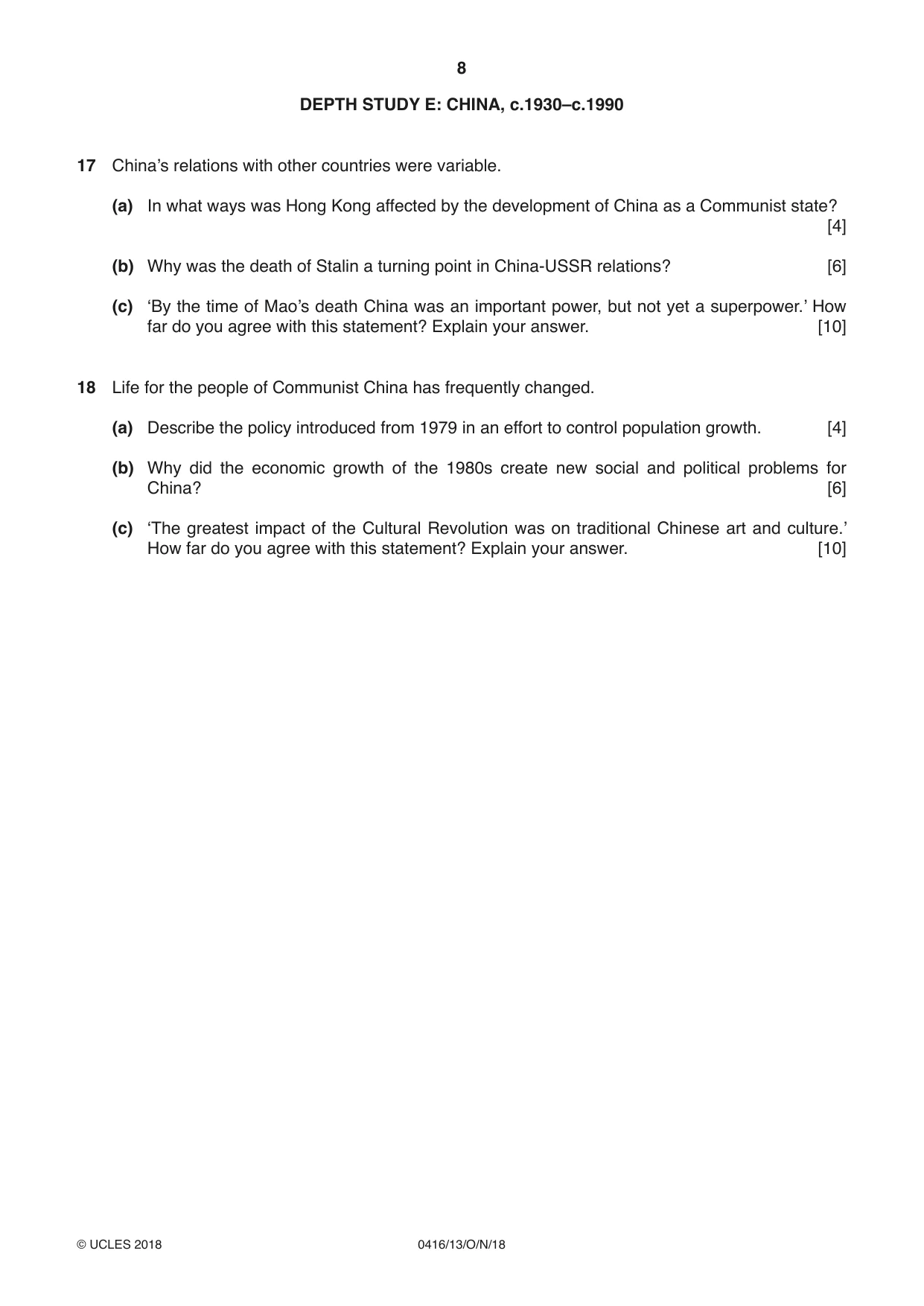 Cambridge IGCSE History BES 0416 2018 Oct/Nov Paper 1 · Variant 3 question paper, page 8 of 12
