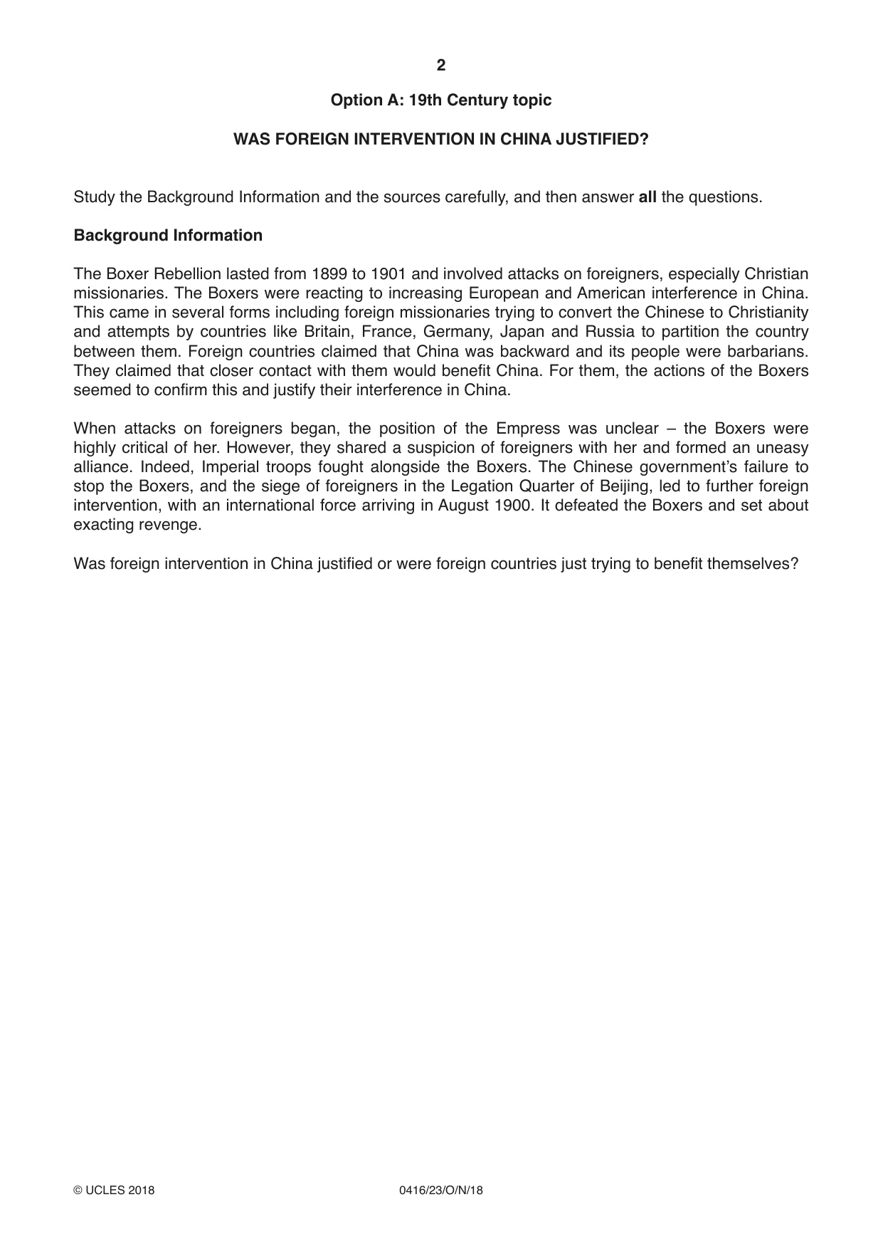 Cambridge IGCSE History BES 0416 2018 Oct/Nov Paper 2 · Variant 3 question paper, page 2 of 16