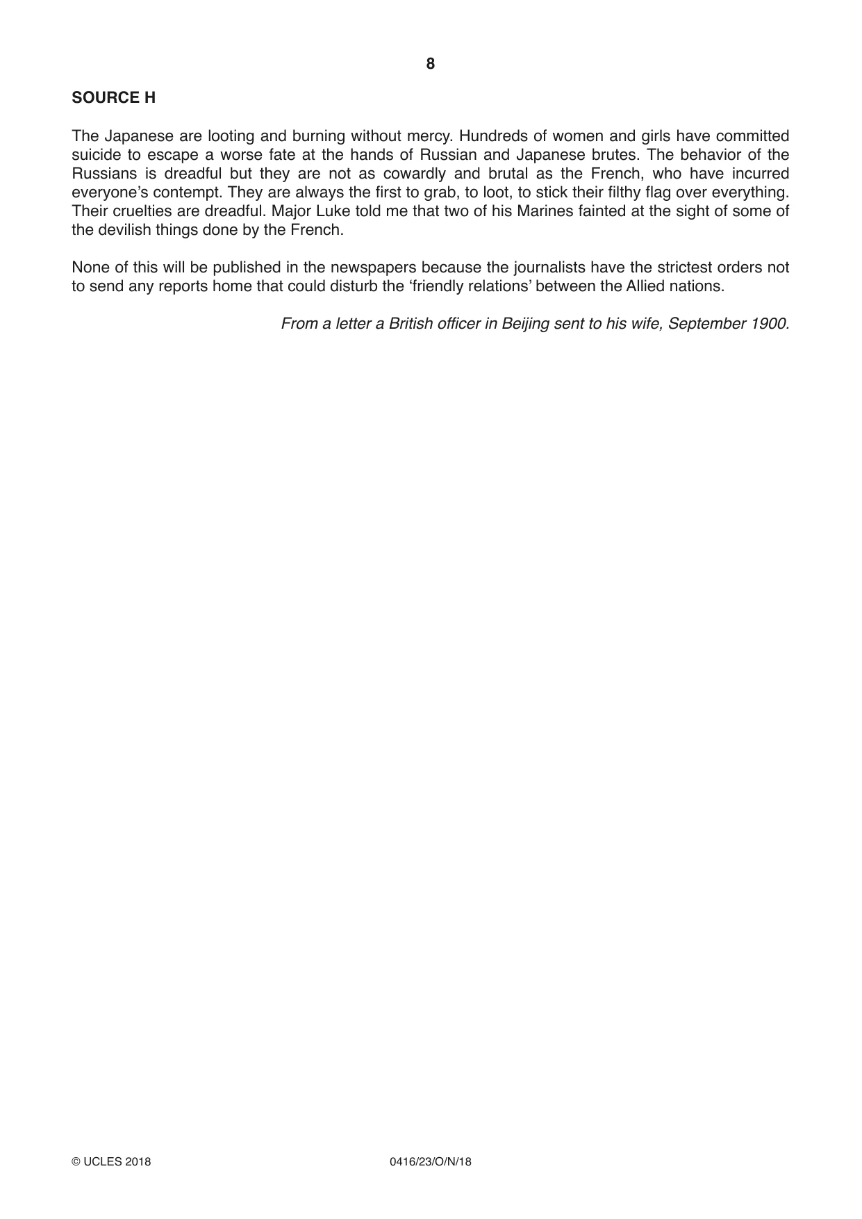 Cambridge IGCSE History BES 0416 2018 Oct/Nov Paper 2 · Variant 3 question paper, page 8 of 16