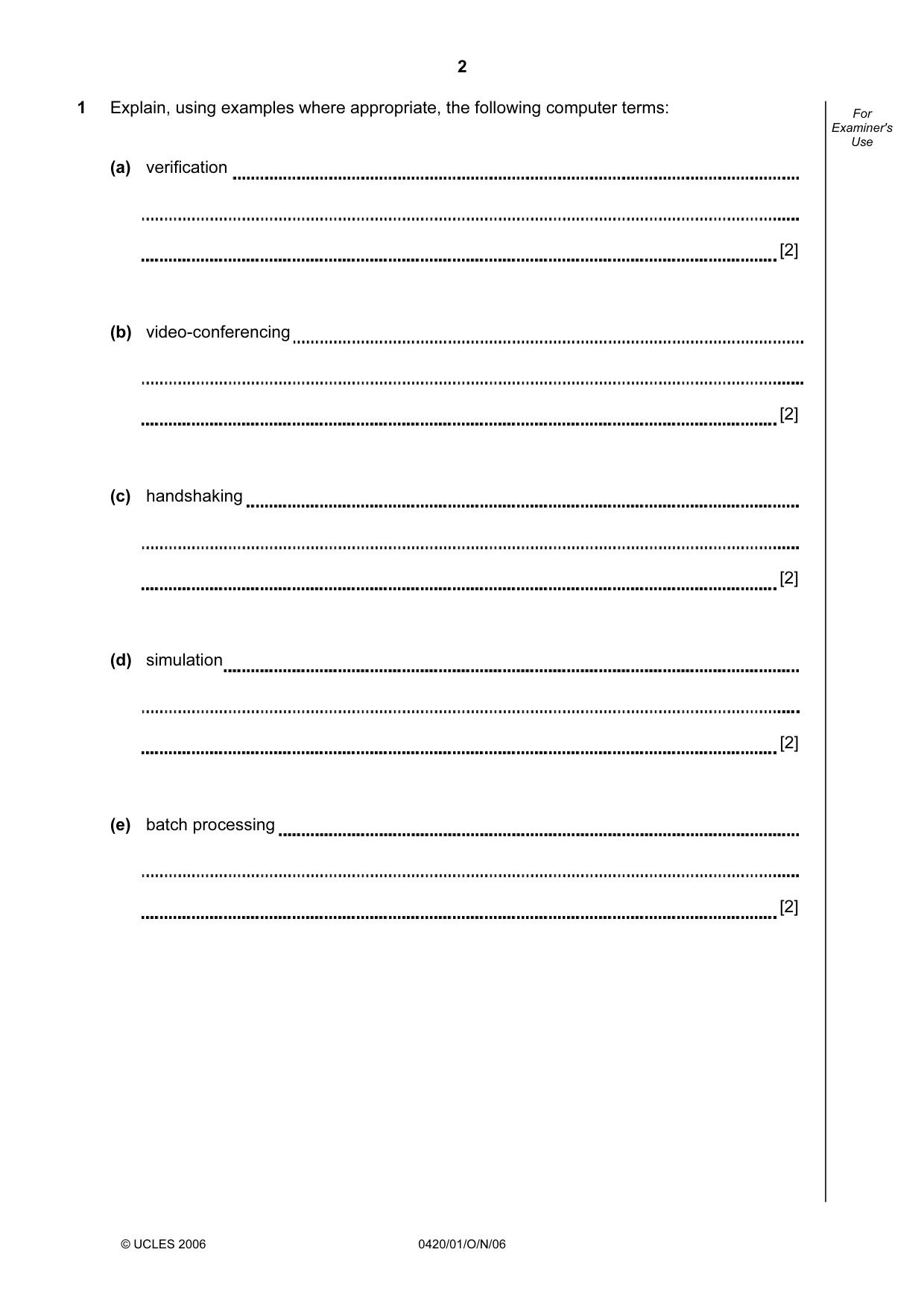 Cambridge IGCSE Computer Studies 0420 2006 Oct/Nov Paper 1 · Variant 1 question paper, page 2 of 20